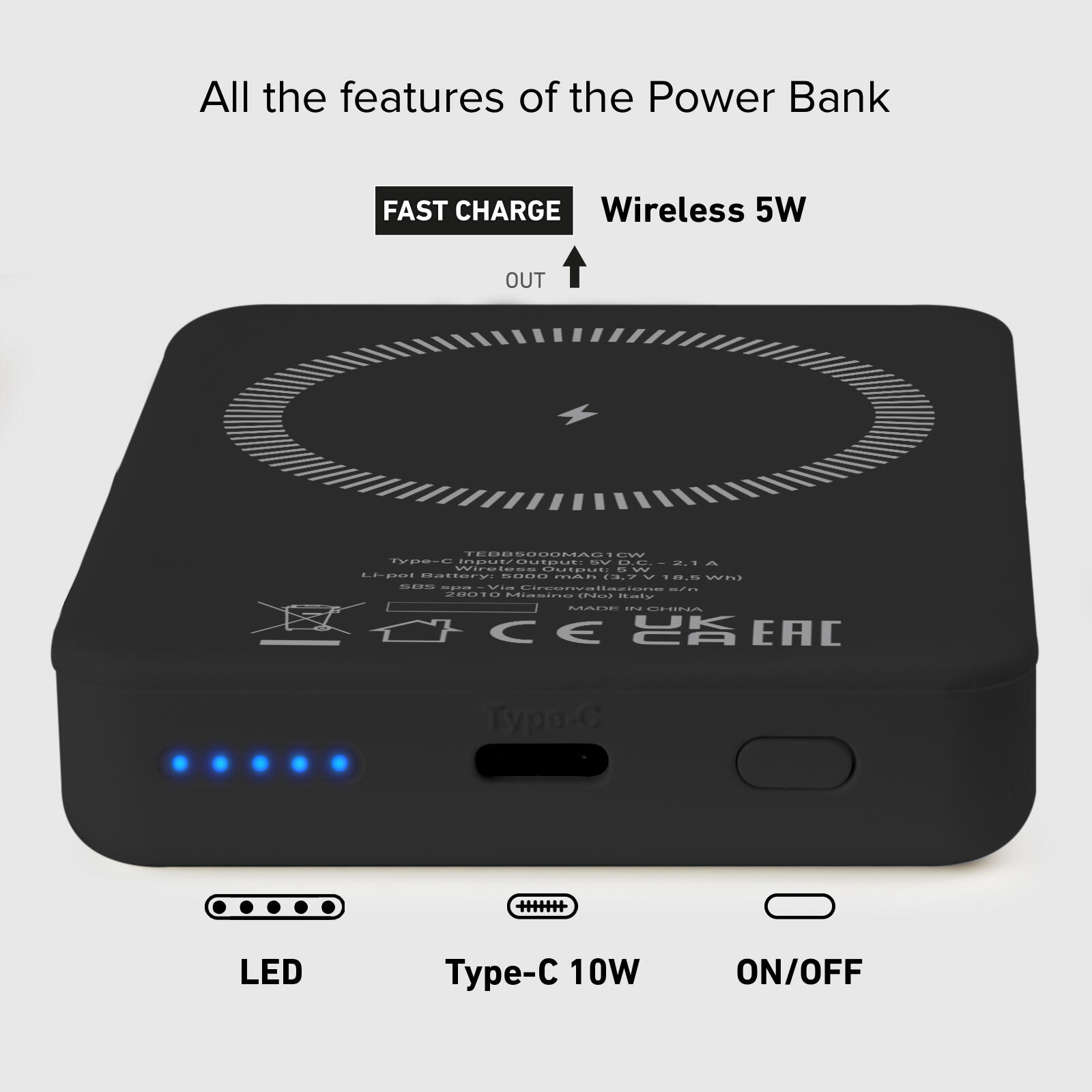 Power bank mag 5.000 mAh Wireless compatibile con iPhone con ricarica MagSafe 3/7