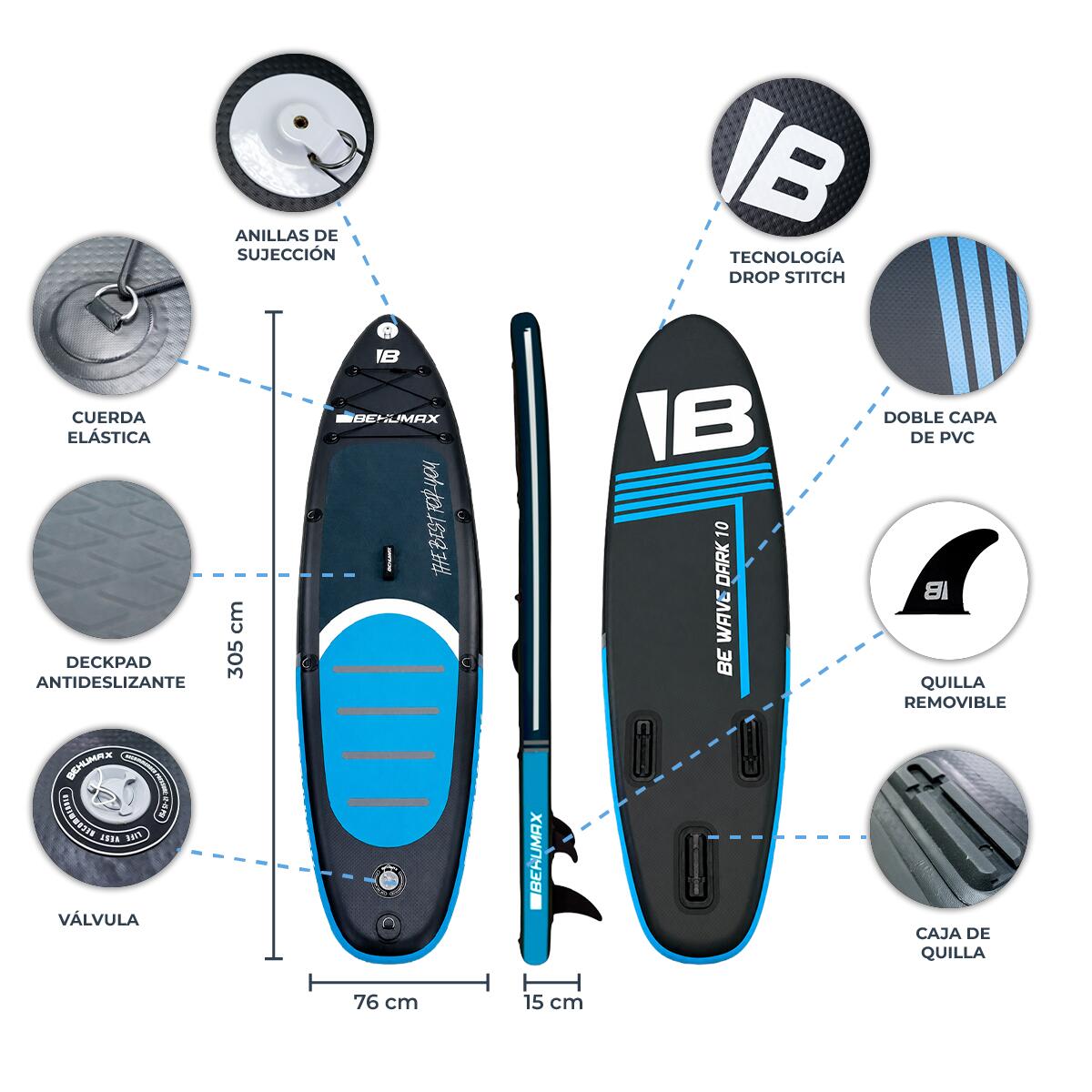 Planche de Stand Up Paddle - Be Wave Dark 10 Noir et Bleu 3/7