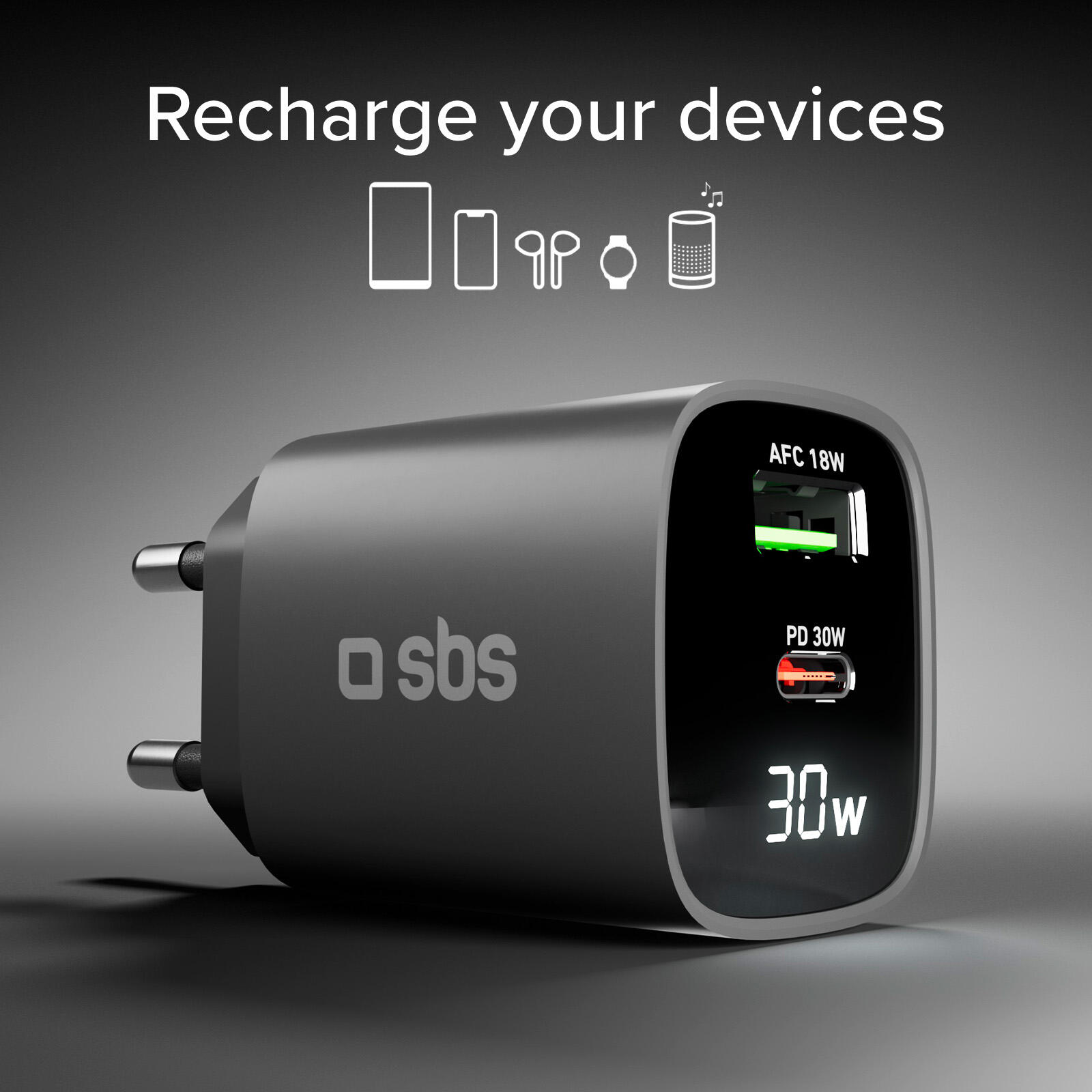 Chargeur mural LCD USB‑C 30W + USB‑A 18W 3/7