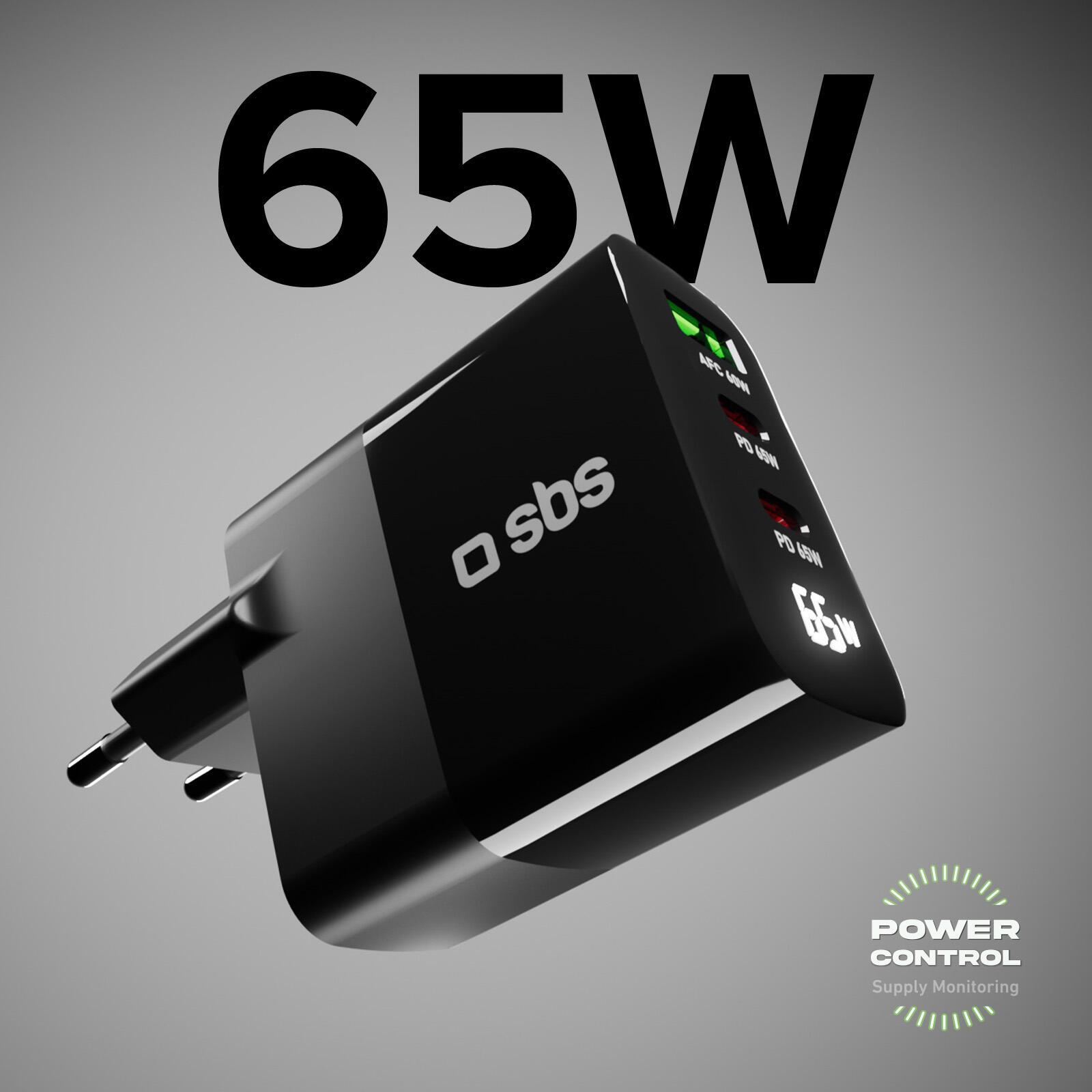 Caricabatterie 65W, display LCD, 2 Uscite USB-C PD, 1 USB-A Adaptive Fast Charge 2/7