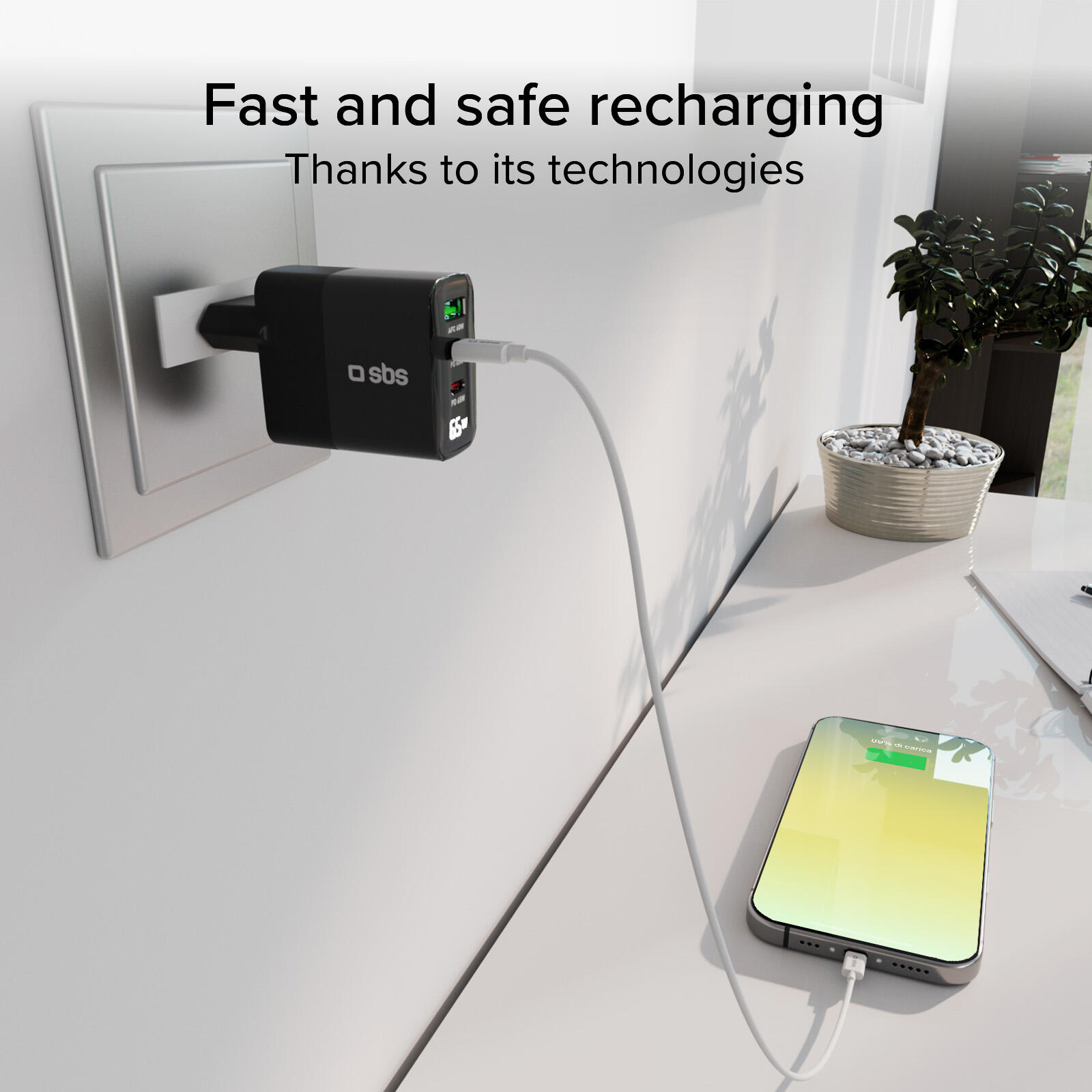 Caricabatterie 65W, display LCD, 2 Uscite USB-C PD, 1 USB-A Adaptive Fast Charge 6/7