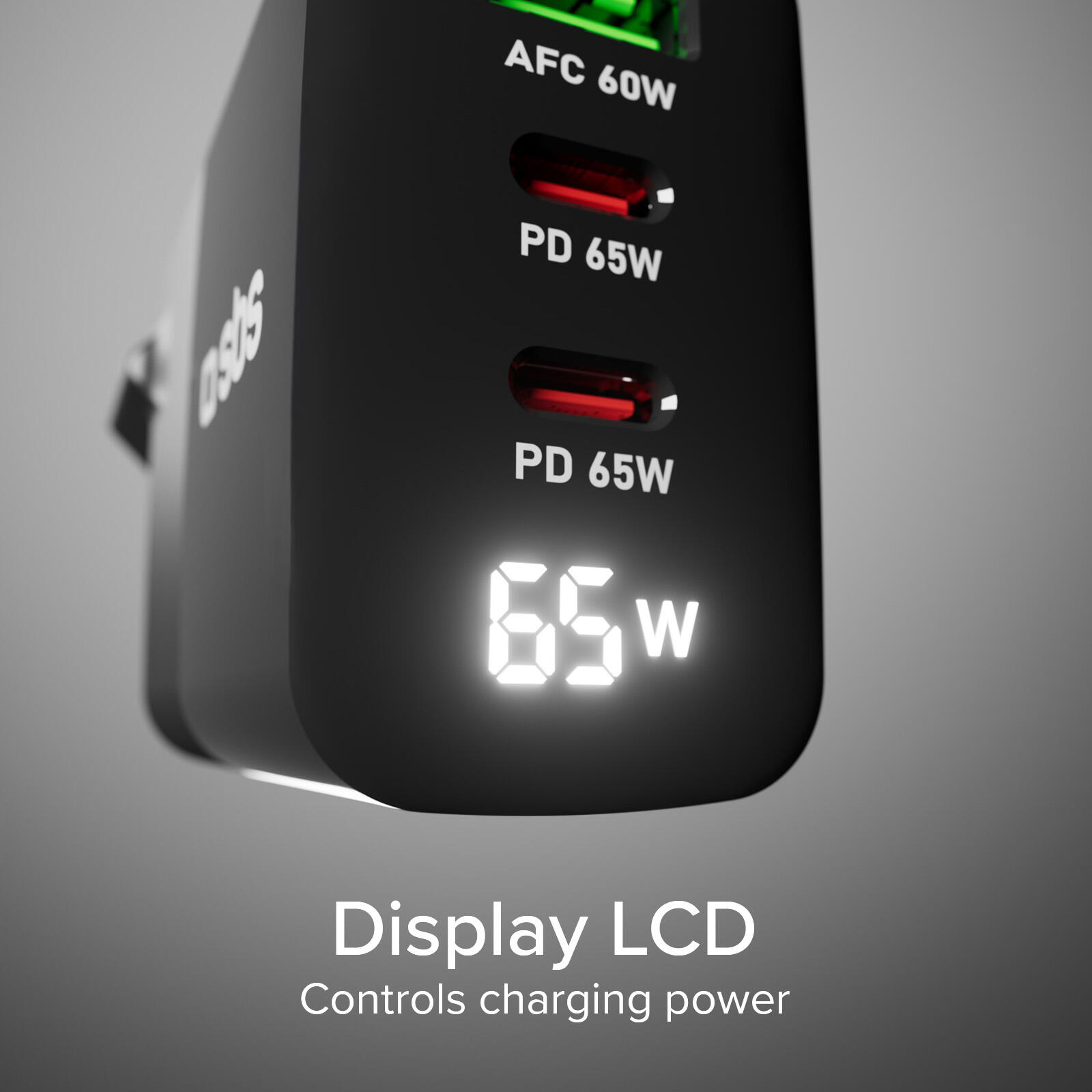 Caricabatterie 65W, display LCD, 2 Uscite USB-C PD, 1 USB-A Adaptive Fast Charge 5/7