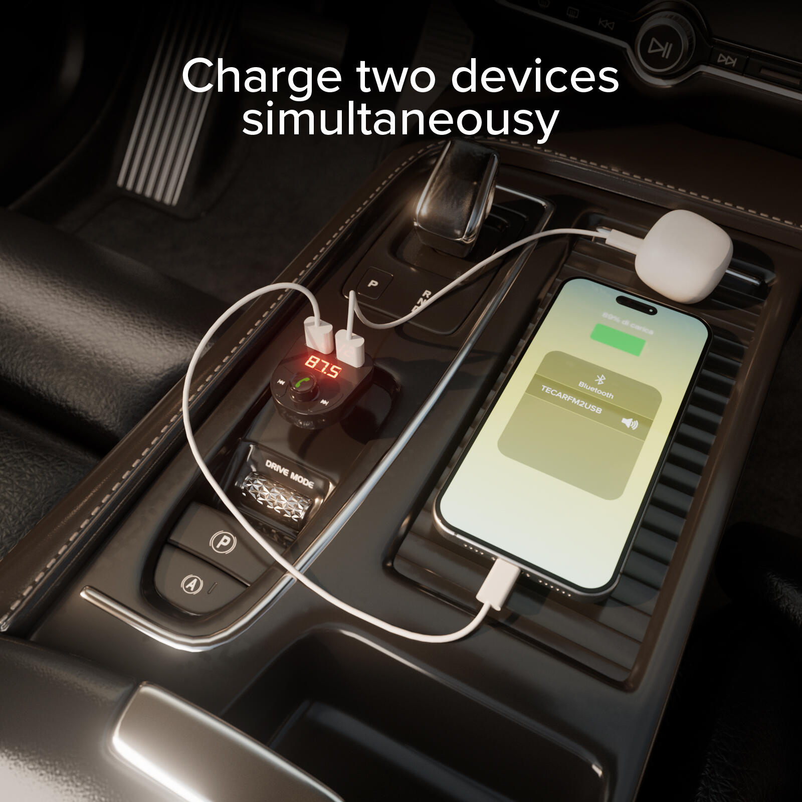 Caricatore da auto, FM per musica e chiamate, porte USB/TF, controlli integrato 7/7