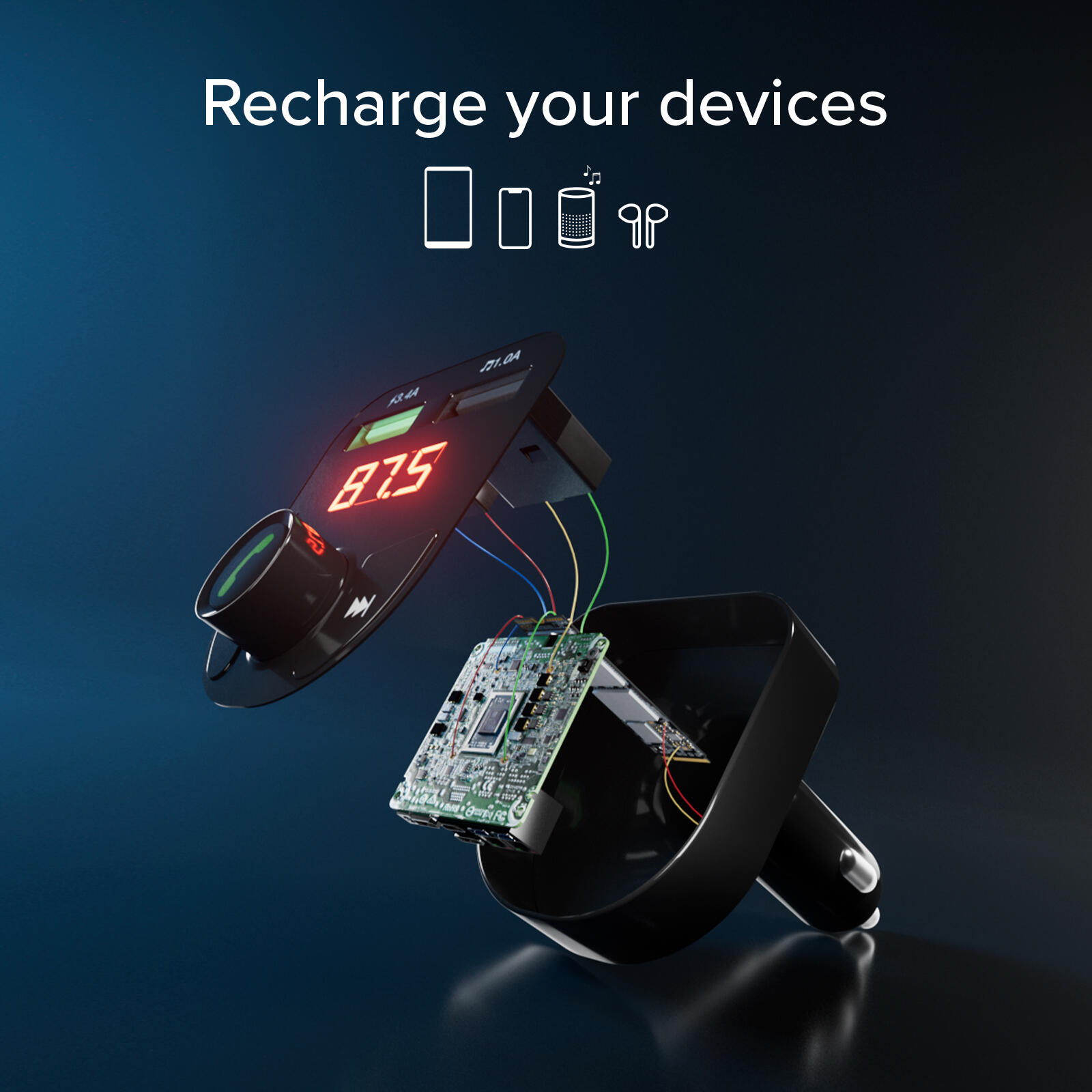 Caricatore da auto, FM per musica e chiamate, porte USB/TF, controlli integrato 5/7