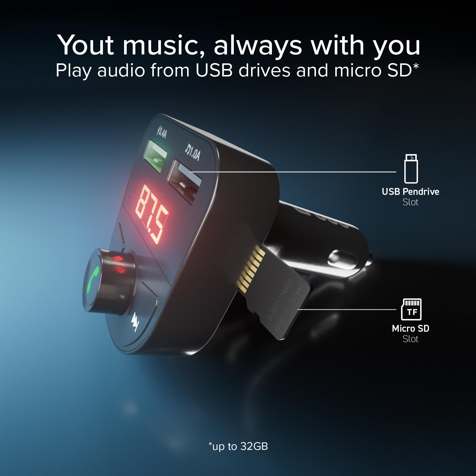 Caricatore da auto, FM per musica e chiamate, porte USB/TF, controlli integrato 4/7