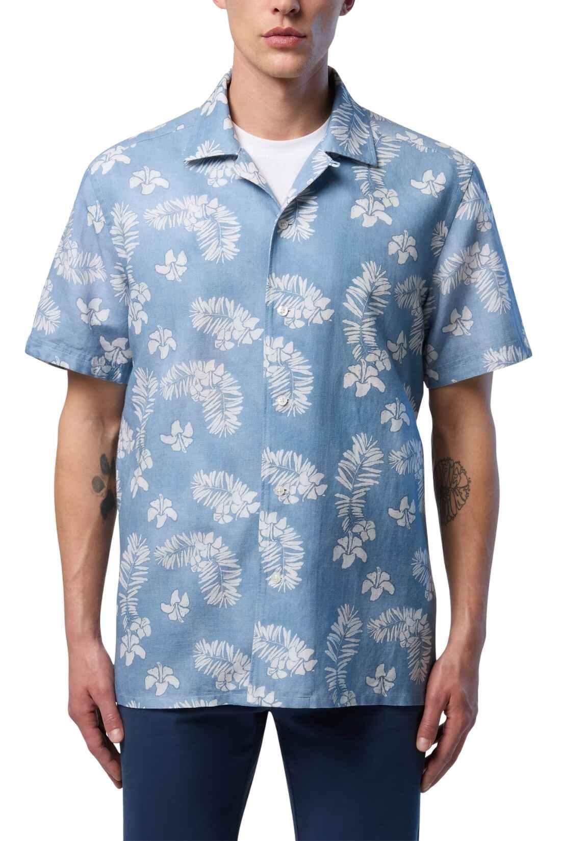 Camicia uomo in cotone e lino con stampa all-over 3/4