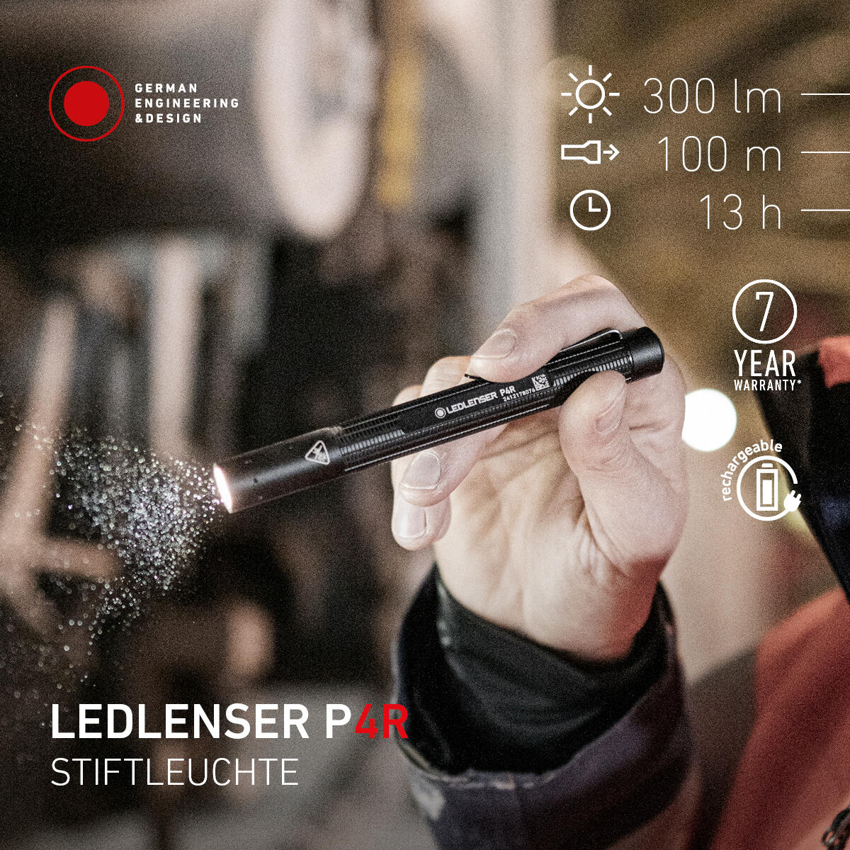 Lampe torche LED rechargeable –  300 lm, IP54, portée 100 m, USB-C – P4R 3/7
