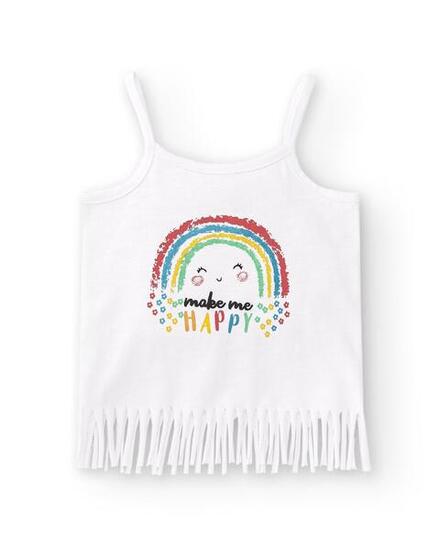 Camiseta de bebé niña color blanco estampado arcoiris con flecos