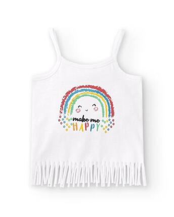 Camiseta de bebé niña color blanco estampado arcoiris con flecos