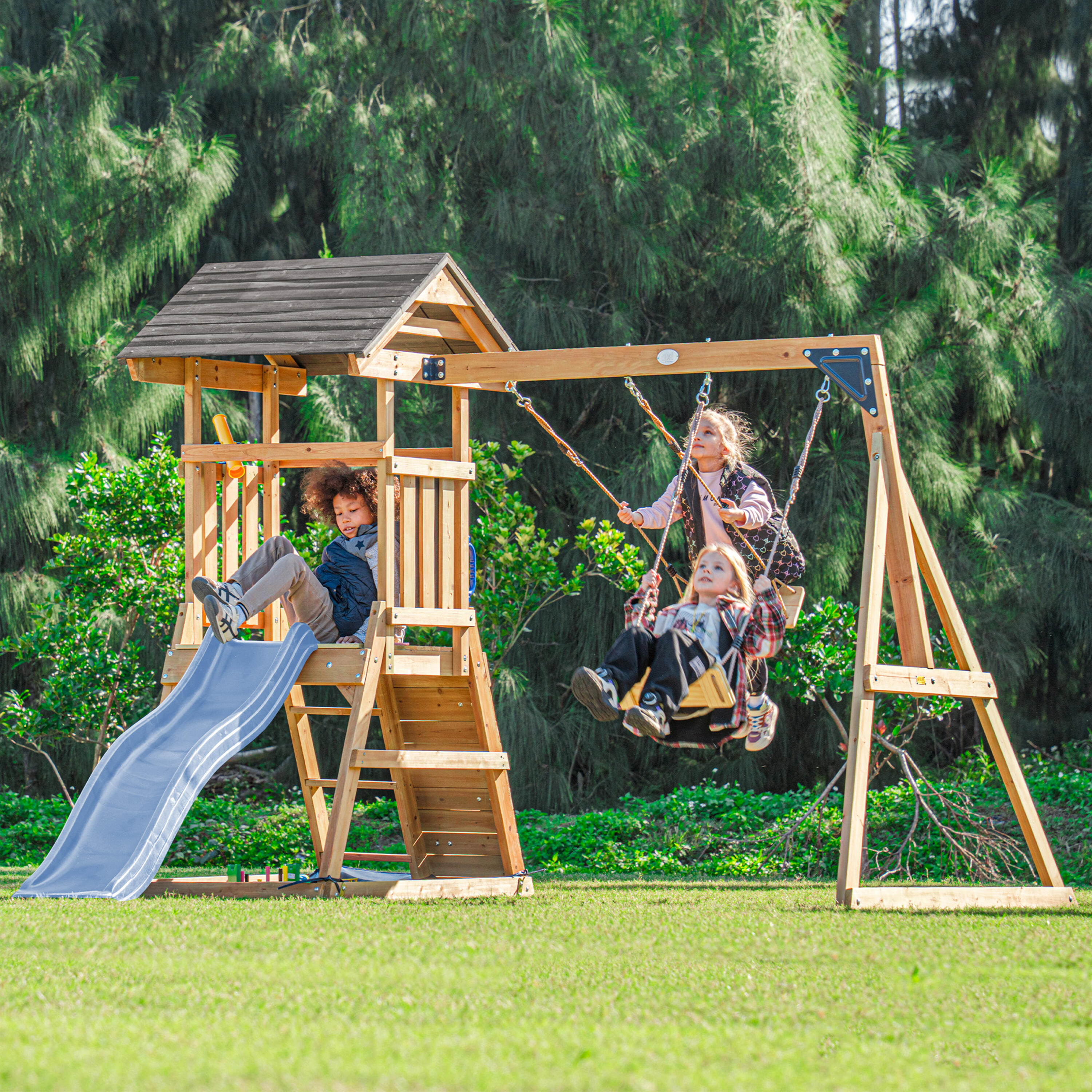 Parque Infantil con columpio doble marrón, Mia - tobogán azul 3/7