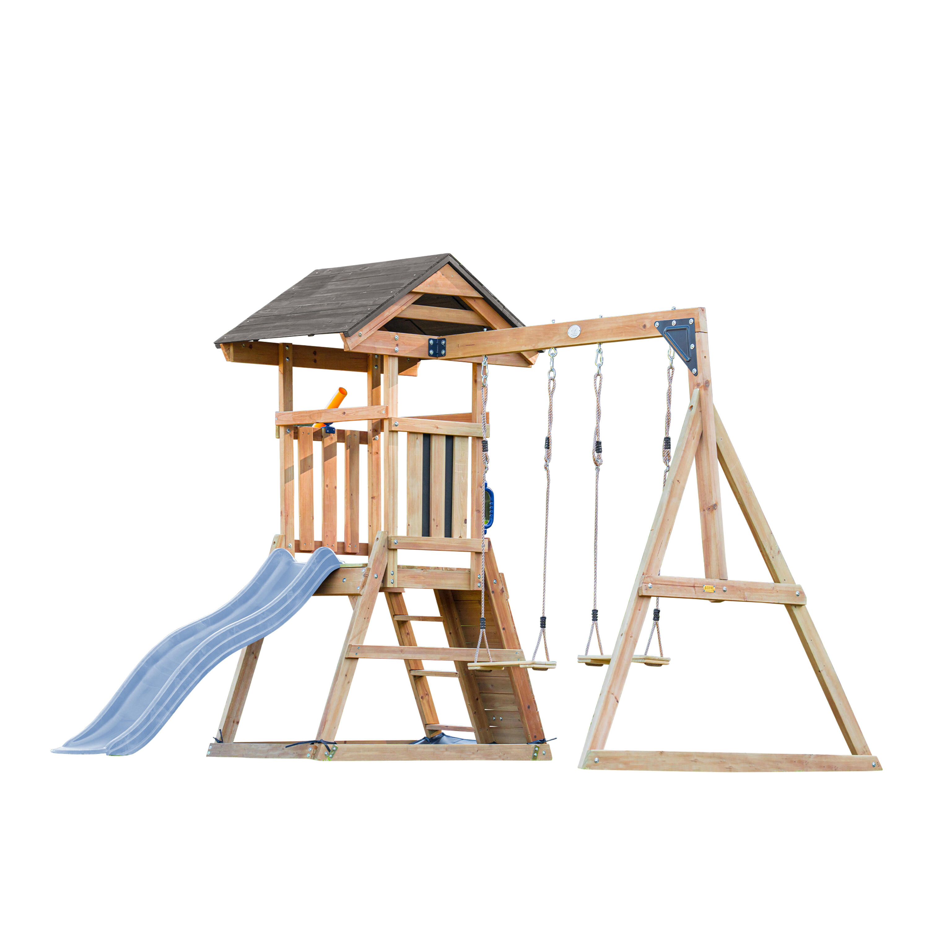 Parque Infantil con columpio doble marrón, Mia - tobogán azul 2/7