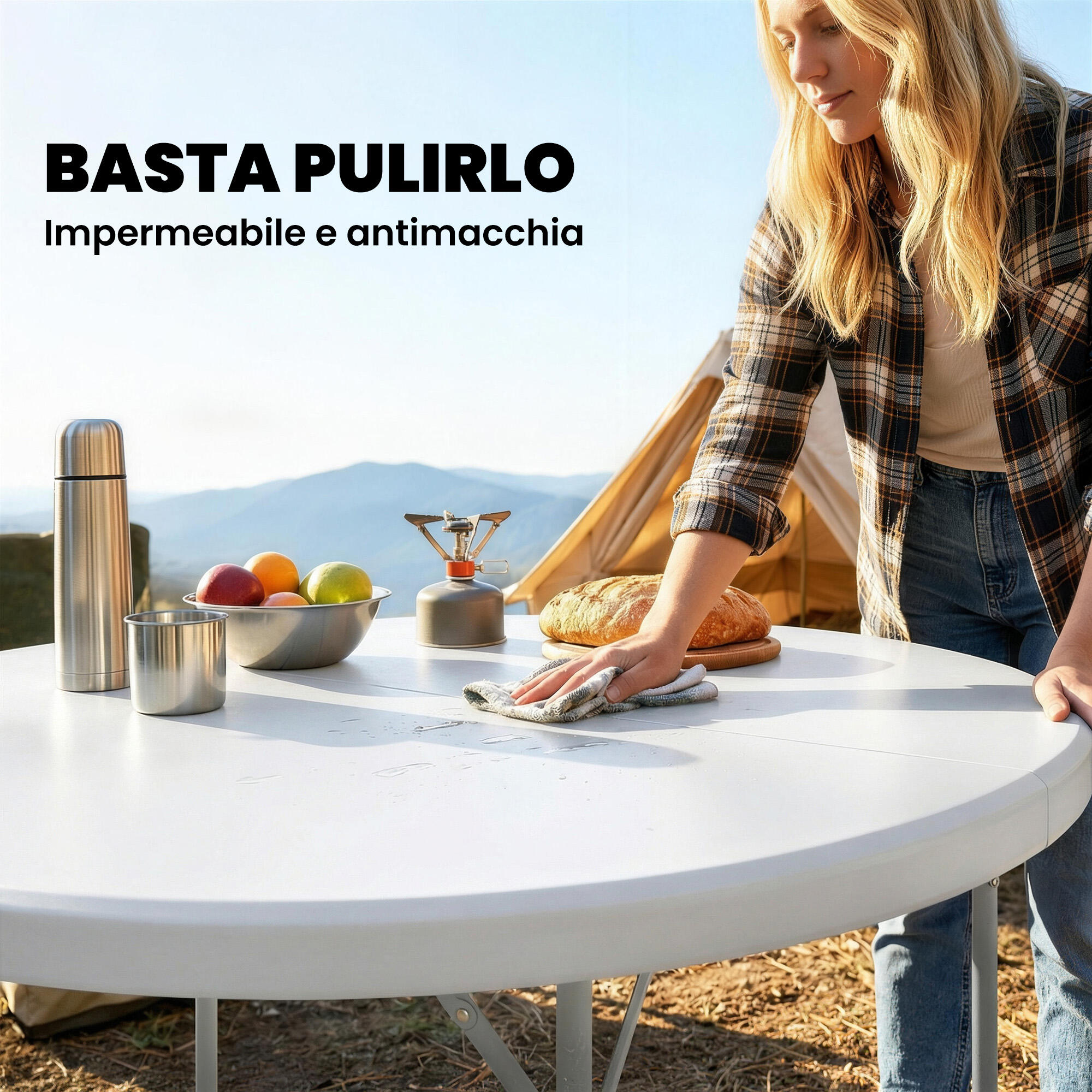 Outsunny Tavolo da Picnic Pieghevole da Esterno in Metallo, Bianco 6/7