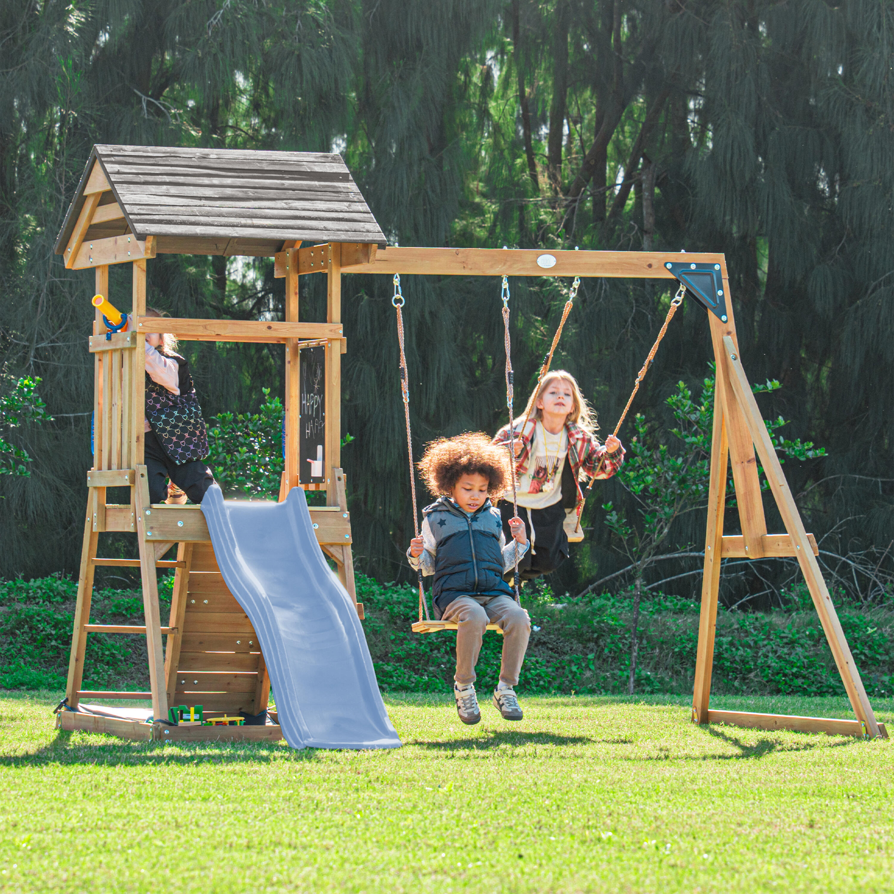 Parque Infantil con columpio doble marrón, Mia - tobogán azul 5/7