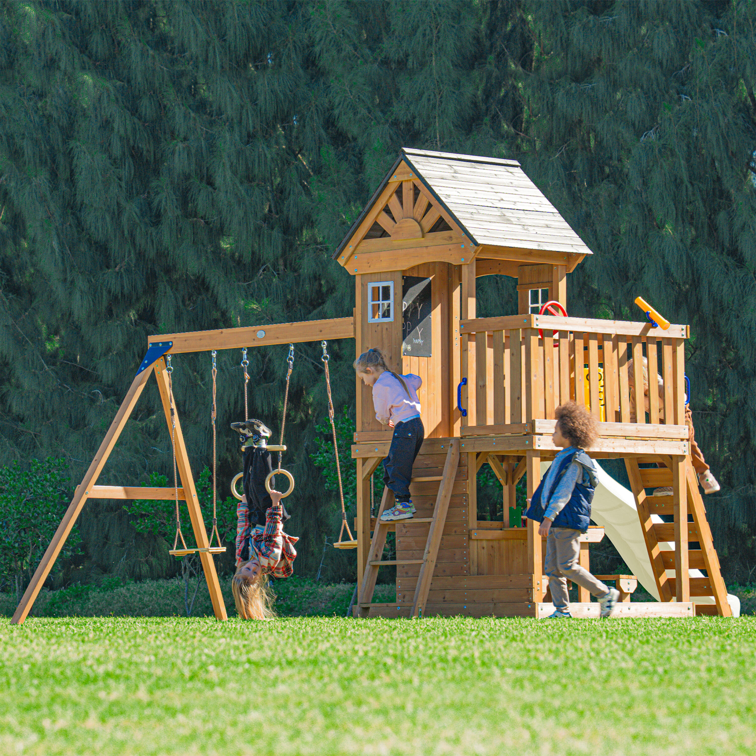 Parque Infantil Jack con columpio doble y trapecio marrón - tobogán crema 3/7