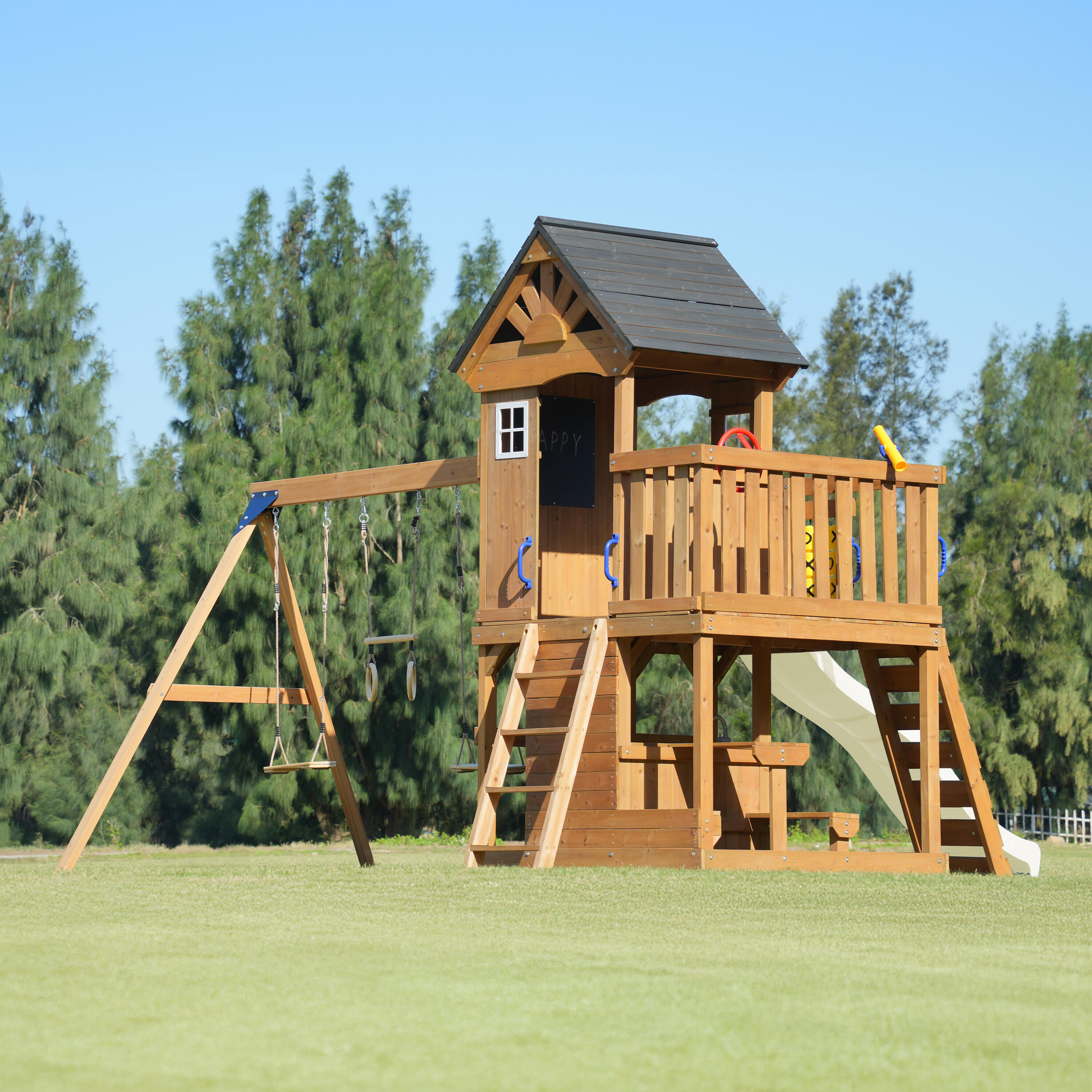 Parque Infantil Jack con columpio doble y trapecio marrón - tobogán crema 7/7