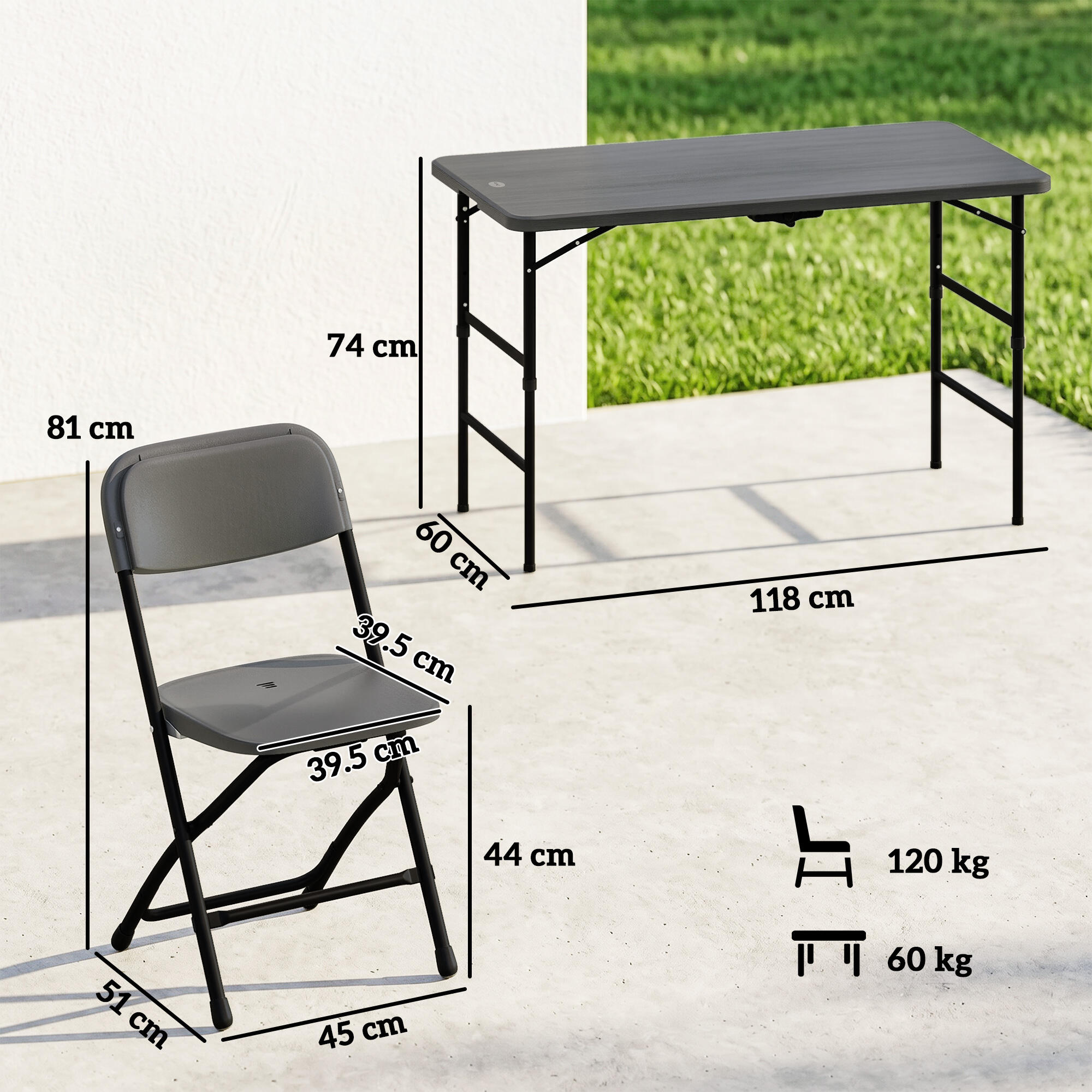 Outsunny Set Tavolo Regolabile e 4 Sedie da Esterno Pieghevoli in HDPE Grigio 3/7