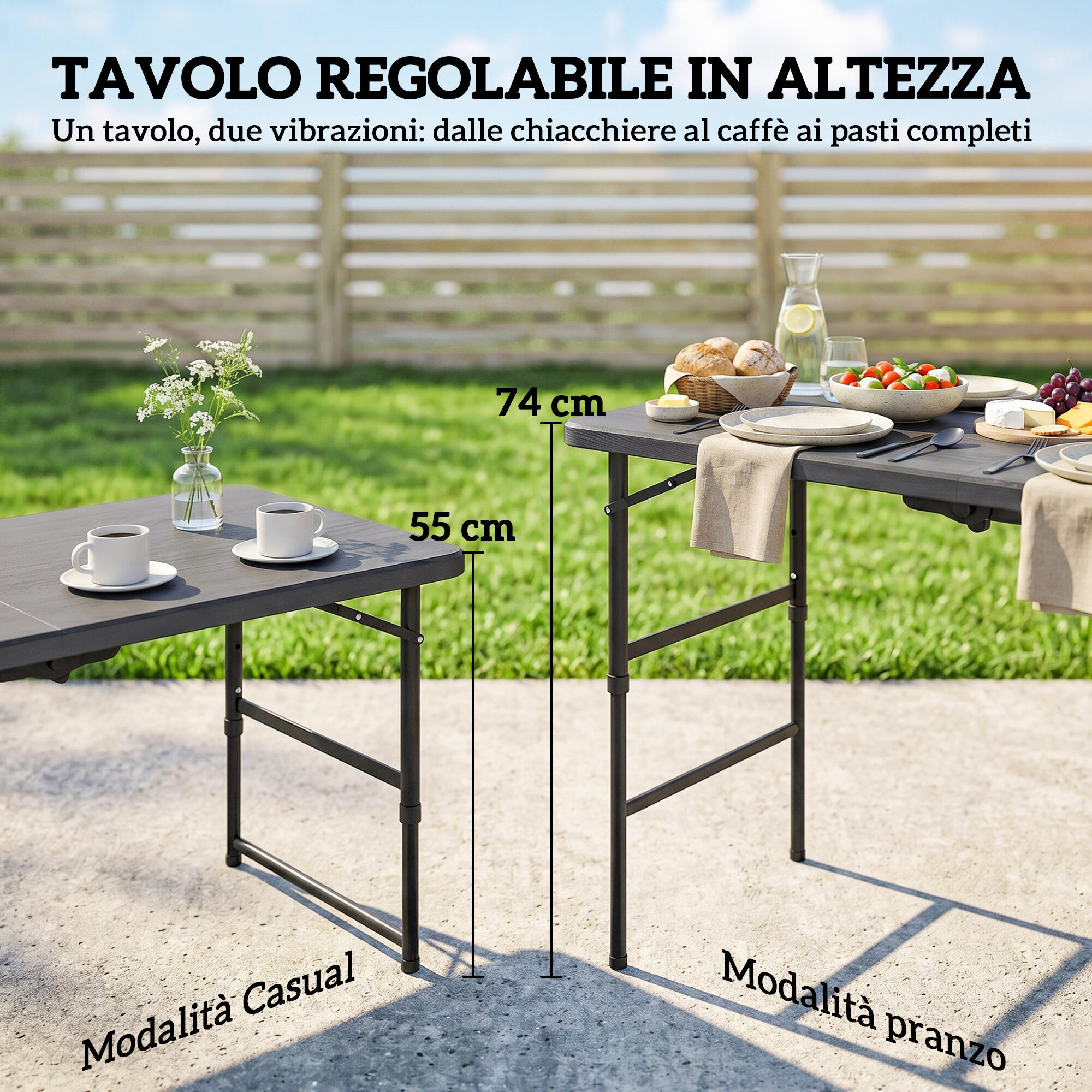 Outsunny Set Tavolo Regolabile e 4 Sedie da Esterno Pieghevoli in HDPE Grigio 5/7