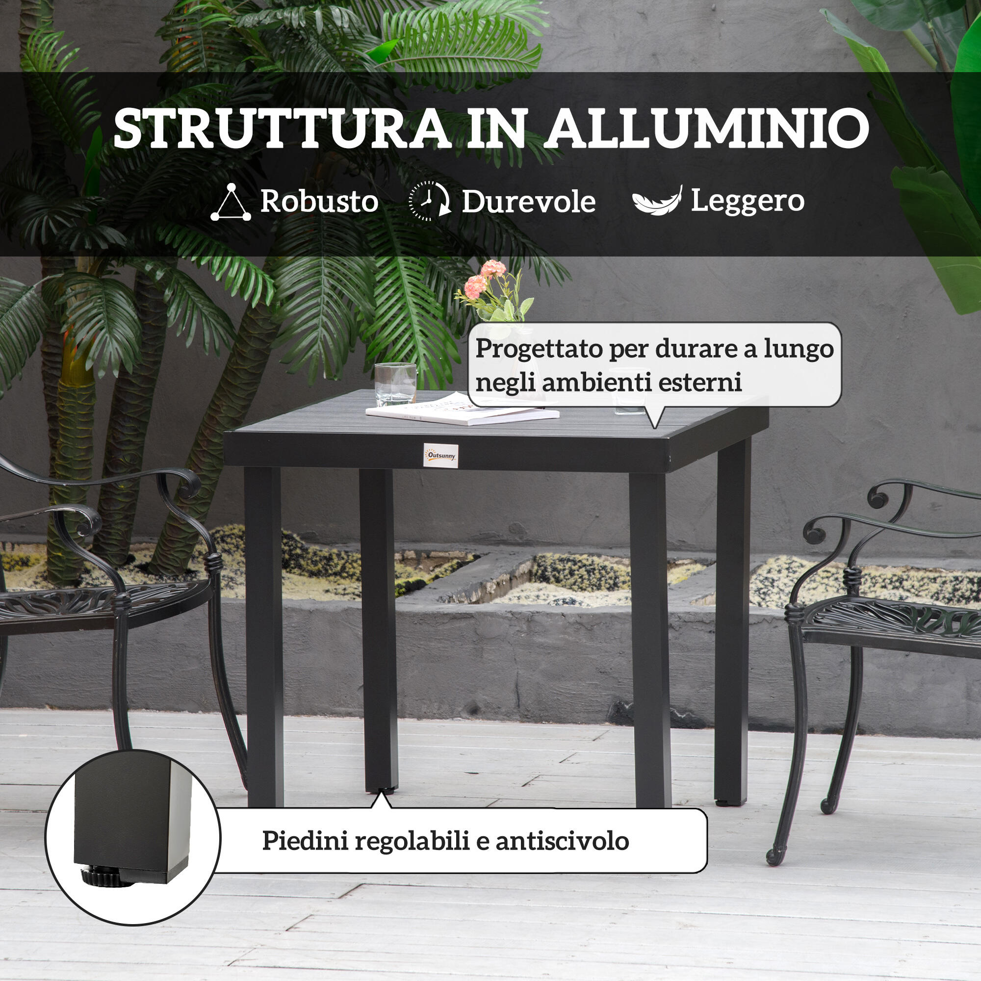 Outsunny Tavolo da Esterno per 4 Persone da 78x78 cm, Nero 5/7