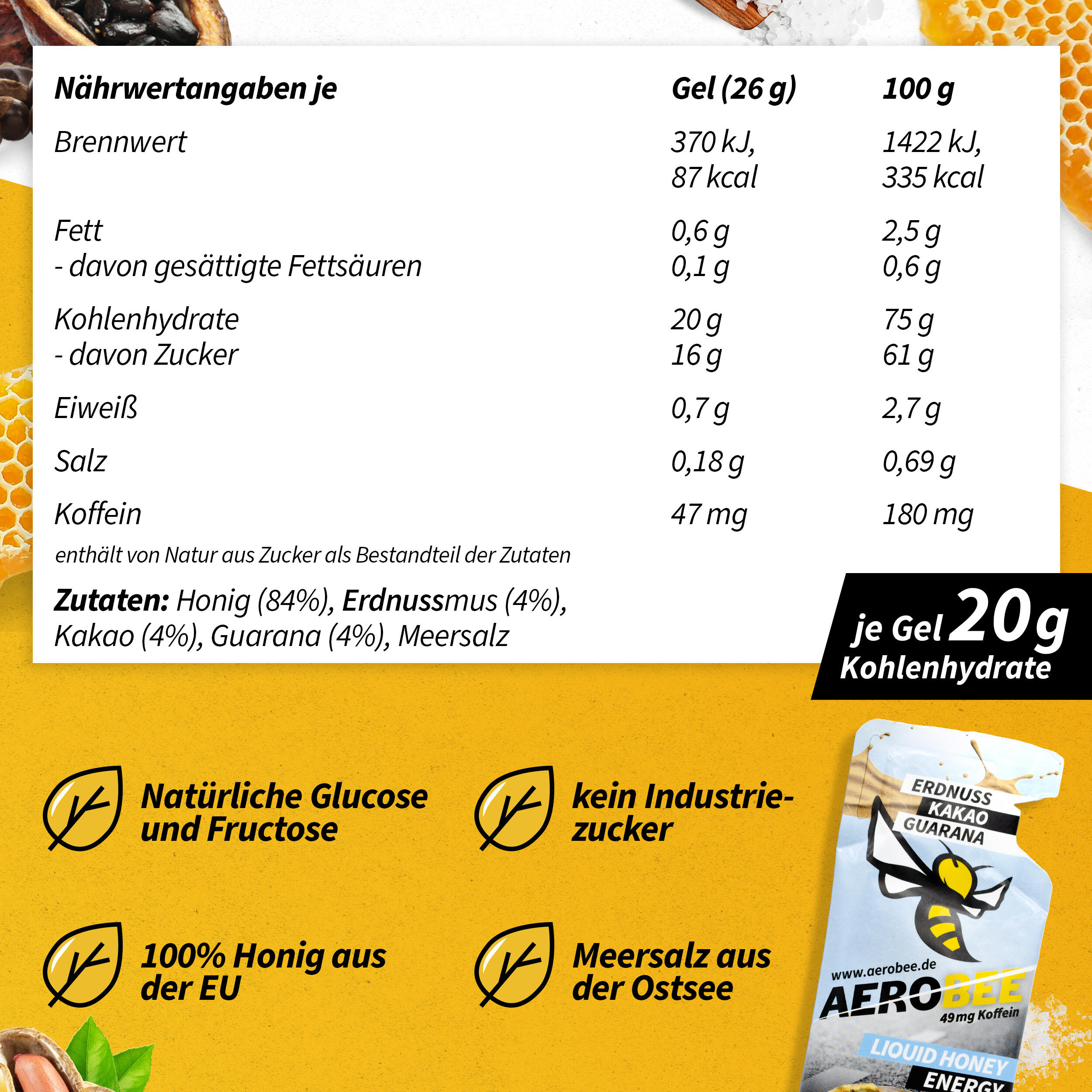 10er Pack AEROBEE Erdnuss, Kakao & Guarana LIQUID Energy Gel 5/7