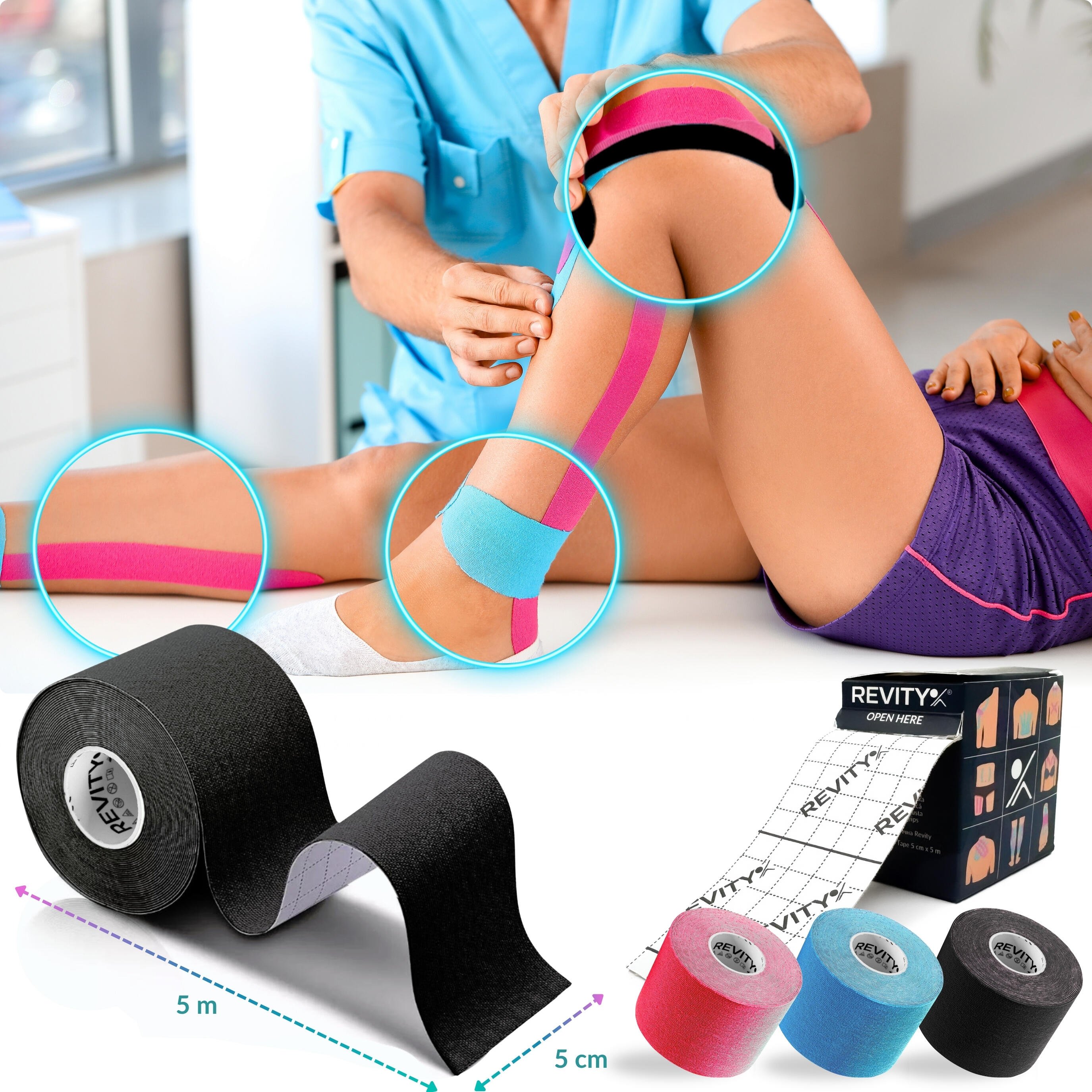 Cinta kinesiológica 5 m × 5 cm, venda de sujeción Kinesiotape - Recovery Tape x3 7/7