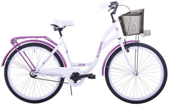Rower miejski damski 26 KOZBIKE V-Brake biało fioletowy kosz i akcesoria