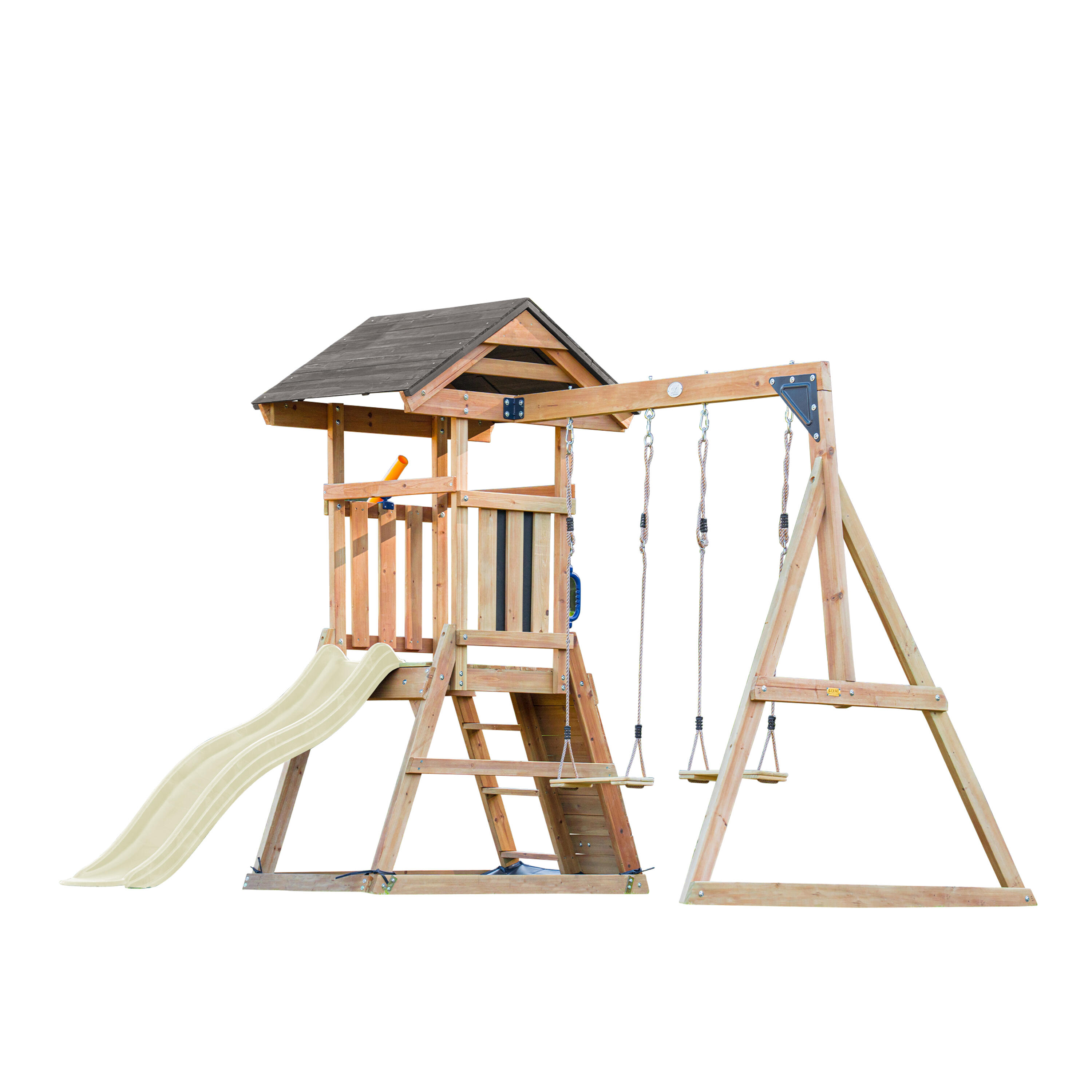 Mia Houten Speeltoren met 2 Schommels, Glijbaan Crème 2/7