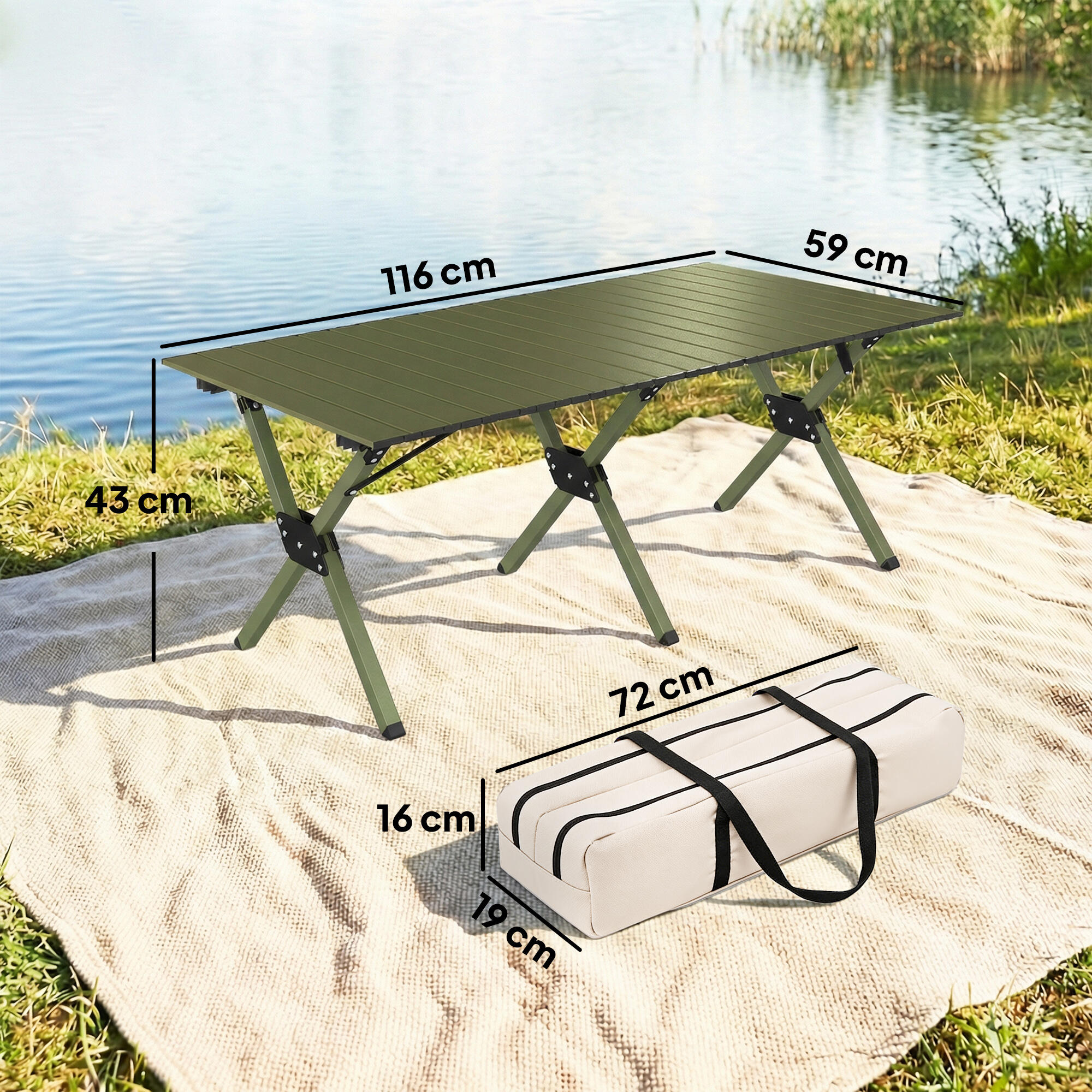 Outsunny Tavolo da Campeggio Pieghevole Impermeabile in Metallo, 116 cm, Verde 3/7