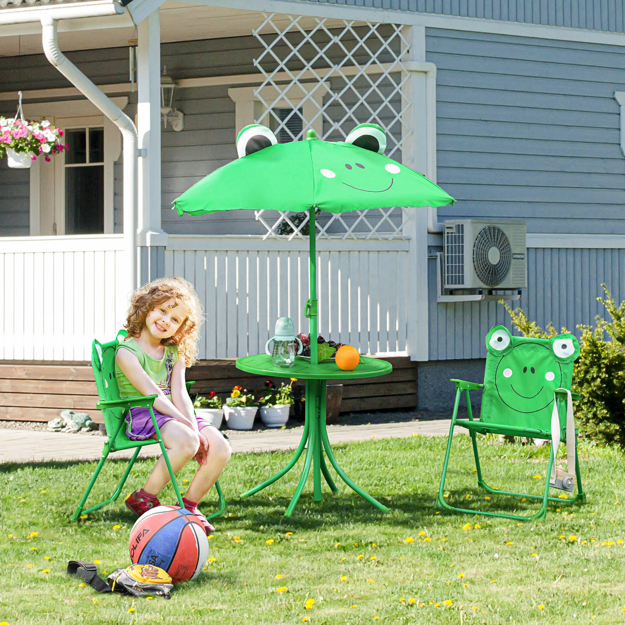 Outsunny Set Tavolo da Esterno con 2 Sedie Pieghevoli e Ombrellone per Bambini 2/7