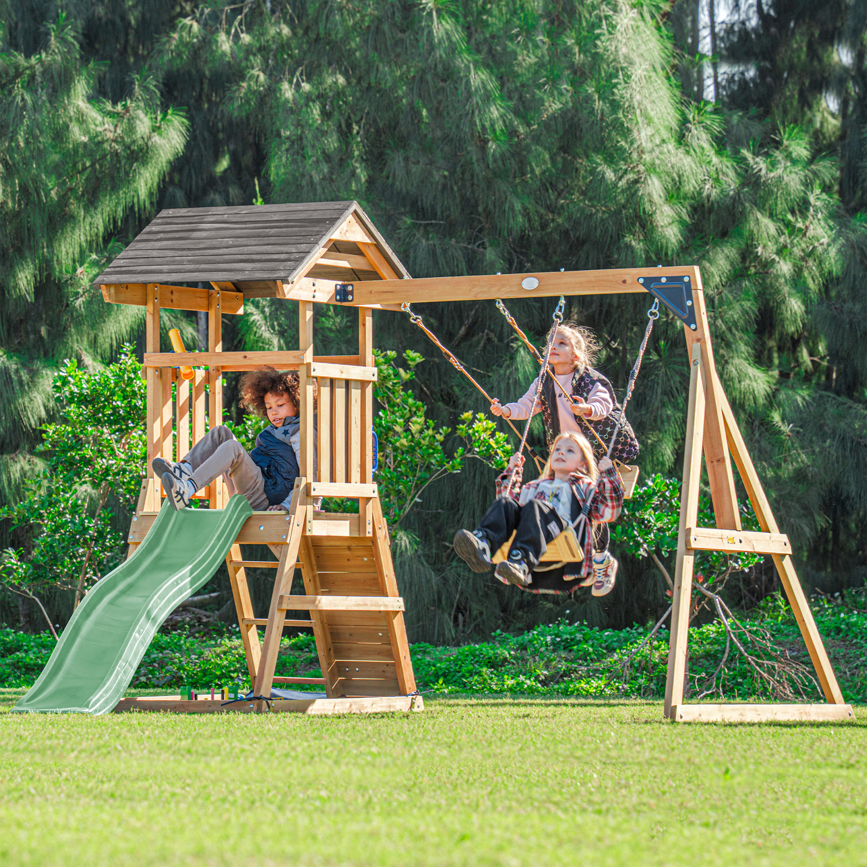 Mia Spielturm aus Holz mit 2 Schaukeln, Rutsche Grün 3/7