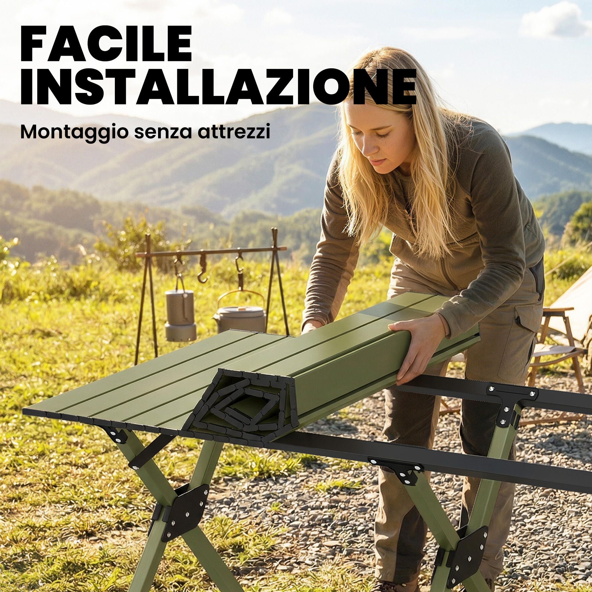 Outsunny Tavolo da Campeggio Pieghevole Impermeabile in Metallo, 116 cm, Verde 6/7