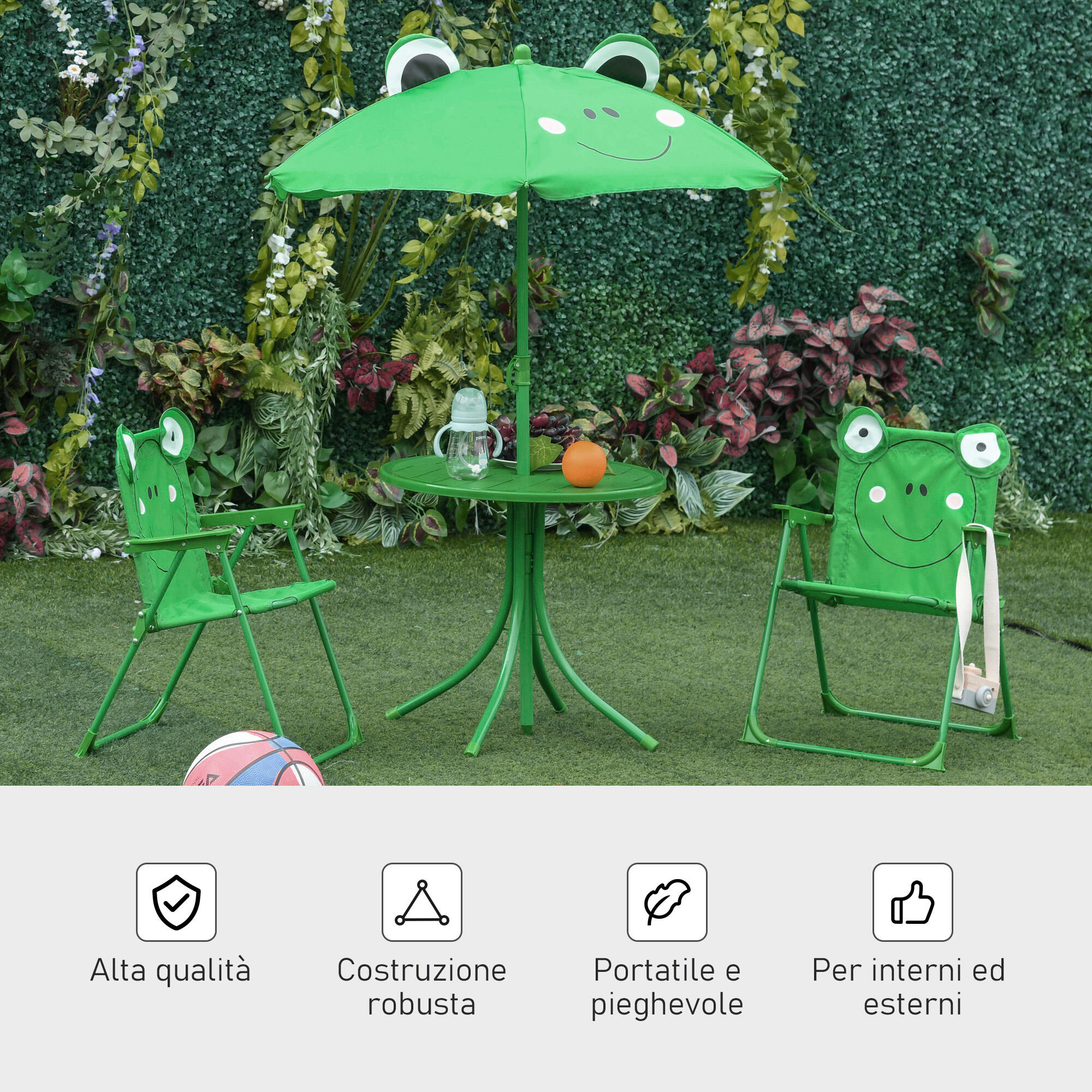 Outsunny Set Tavolo da Esterno con 2 Sedie Pieghevoli e Ombrellone per Bambini 5/7