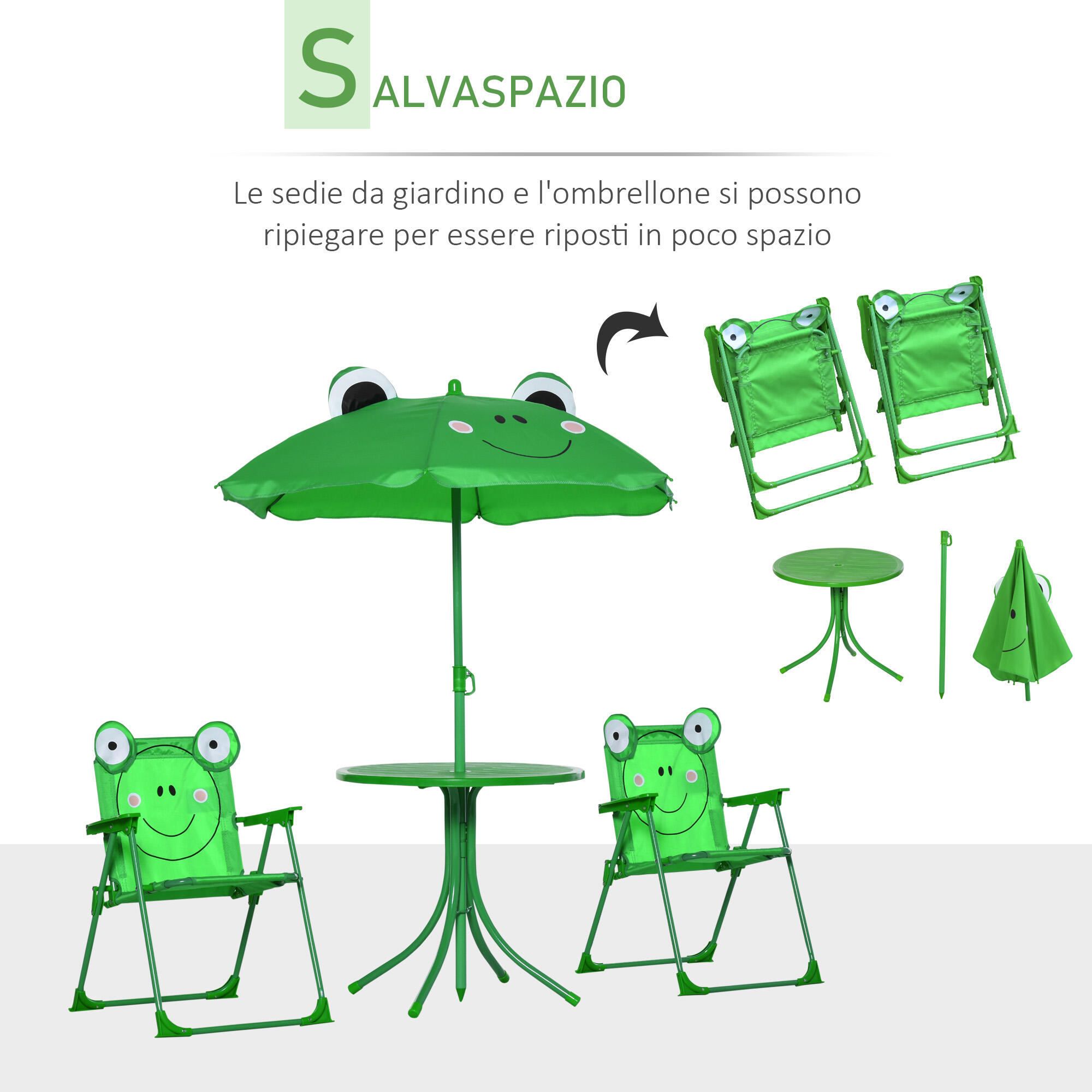 Outsunny Set Tavolo da Esterno con 2 Sedie Pieghevoli e Ombrellone per Bambini 4/7