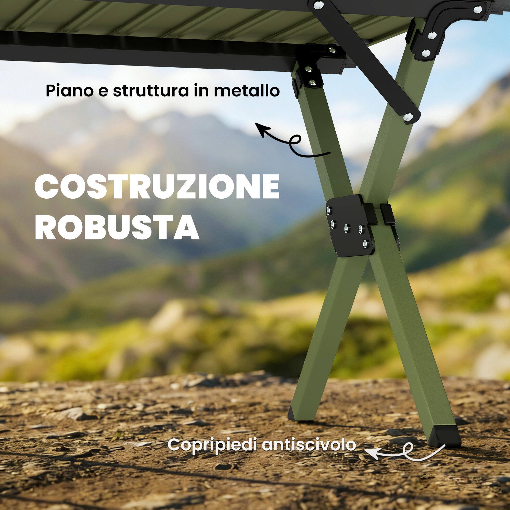 Outsunny Tavolo da Campeggio Pieghevole Impermeabile in Metallo, 116 cm, Verde 5/7
