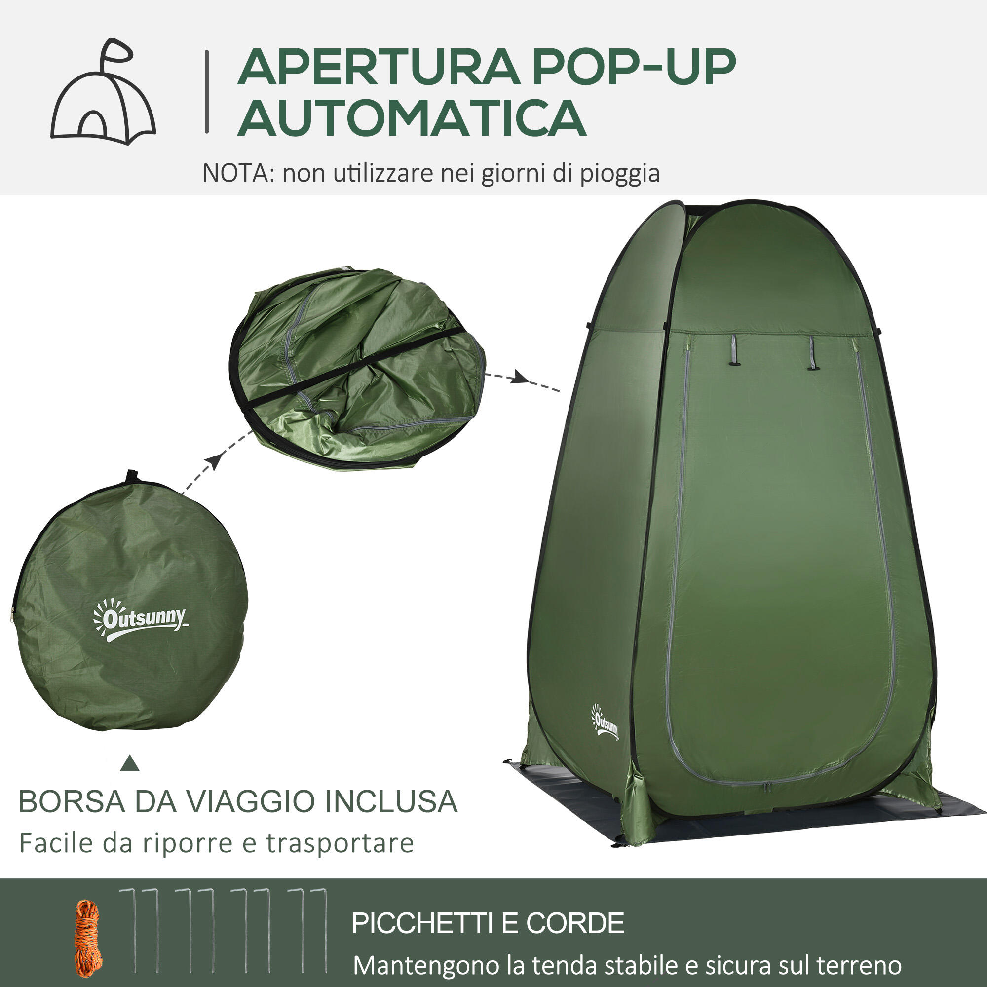 Outsunny Tenda Doccia da Campeggio con Porta a Cerniera e Borsa Verde Scuro 5/7