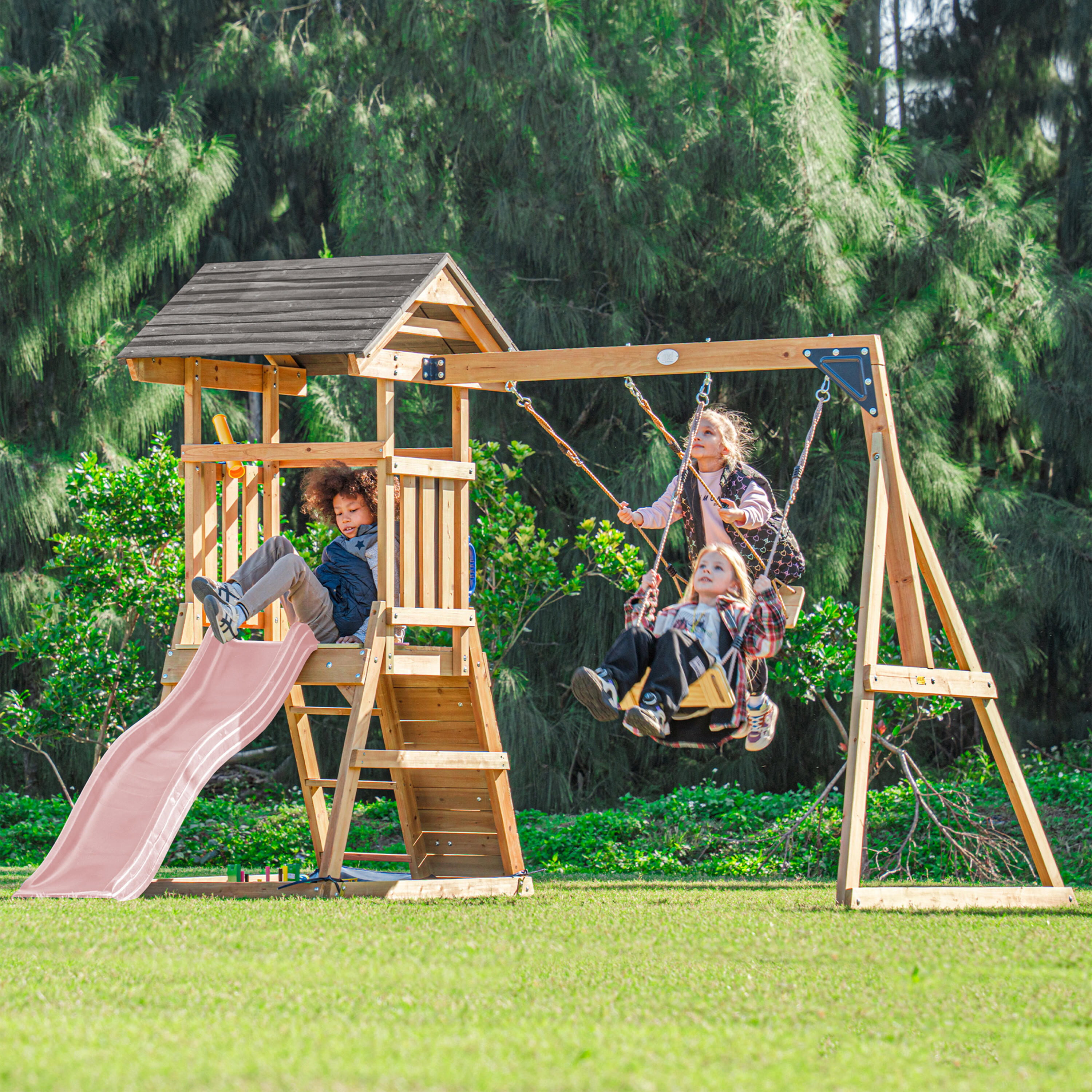 Mia Spielturm aus Holz mit 2 Schaukeln, Rutsche Rosa 3/7