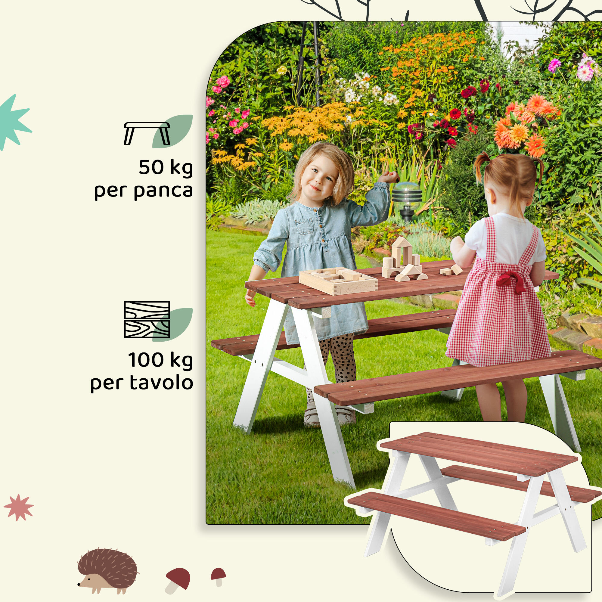 Outsunny Set Tavolo da Picnic per Bambini Giochi Esterno Età 3-8 Anni Marrone 6/7