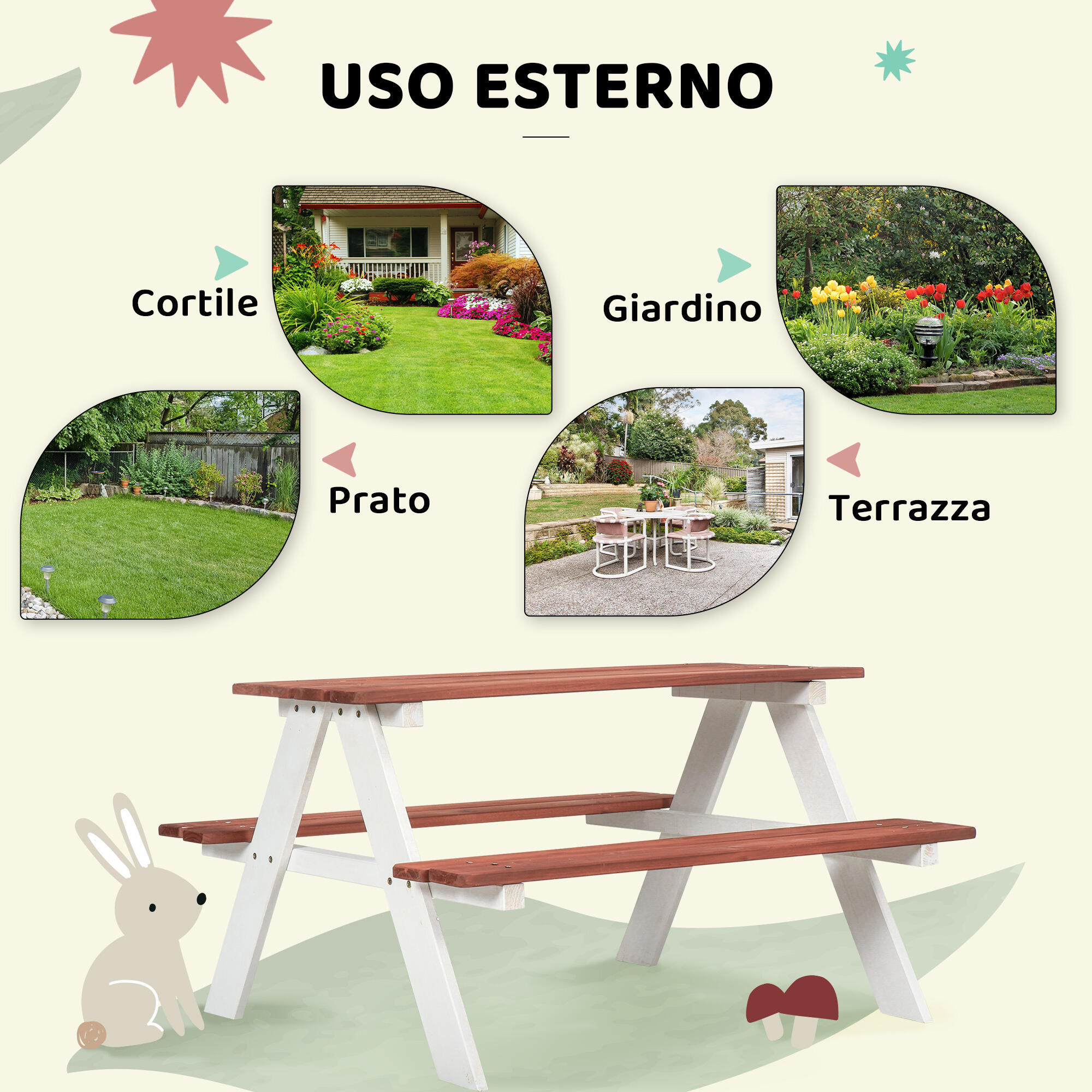 Outsunny Set Tavolo da Picnic per Bambini Giochi Esterno Età 3-8 Anni Marrone 5/7