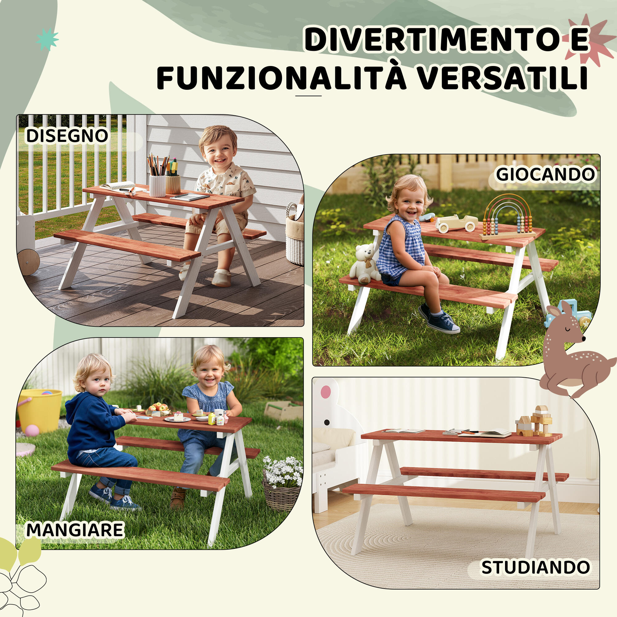 Outsunny Set Tavolo da Picnic per Bambini Giochi Esterno Età 3-8 Anni Marrone 4/7