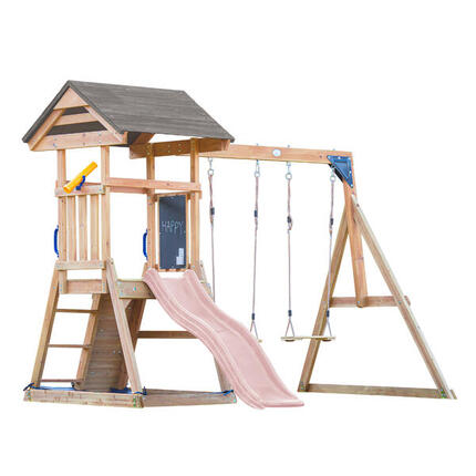 Aire de jeux avec balançoire double marron, Mia - Toboggan rose