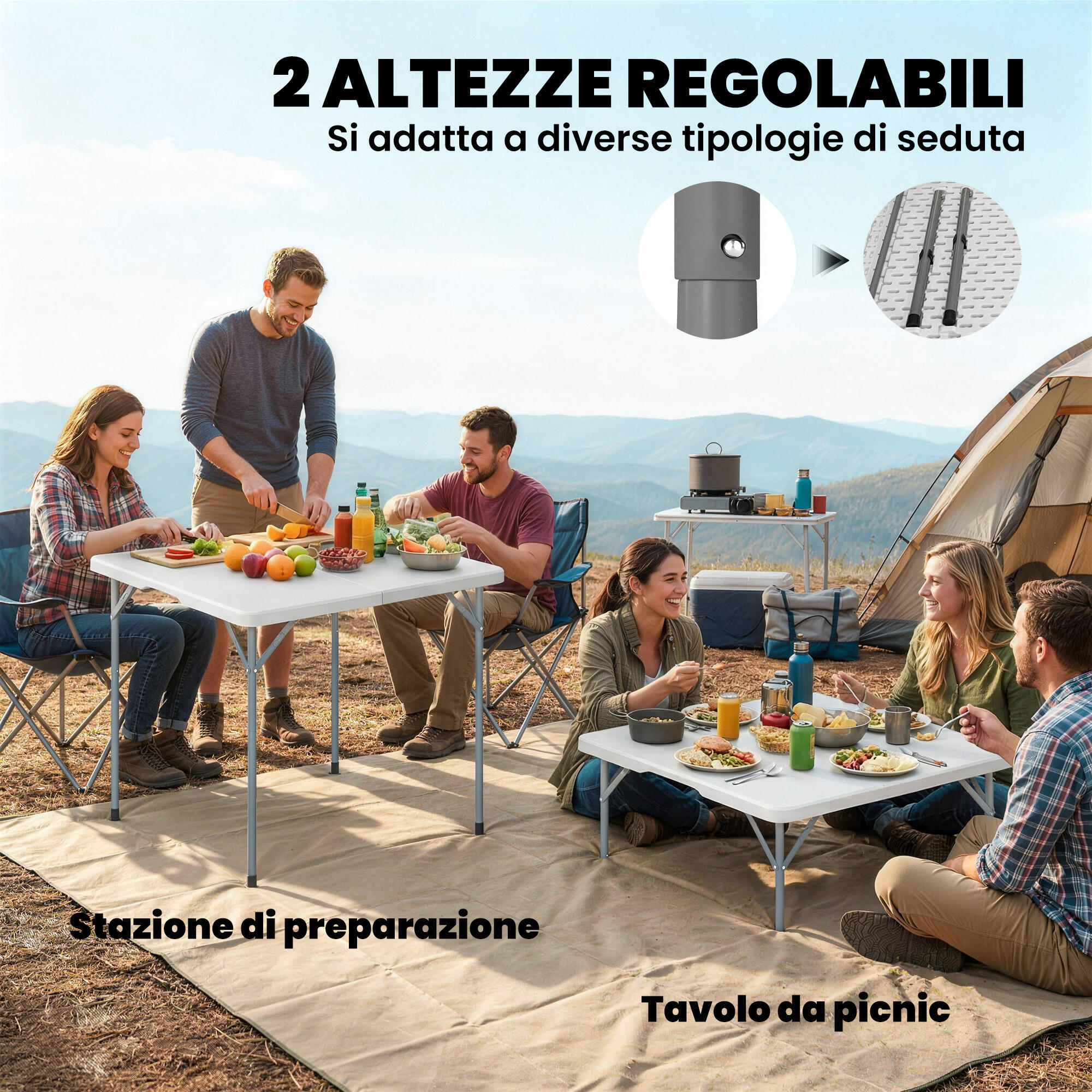 Outsunny Tavolo da Campeggio Pieghevole in Metallo e HDPE 86x86x74cm Bianco 6/7
