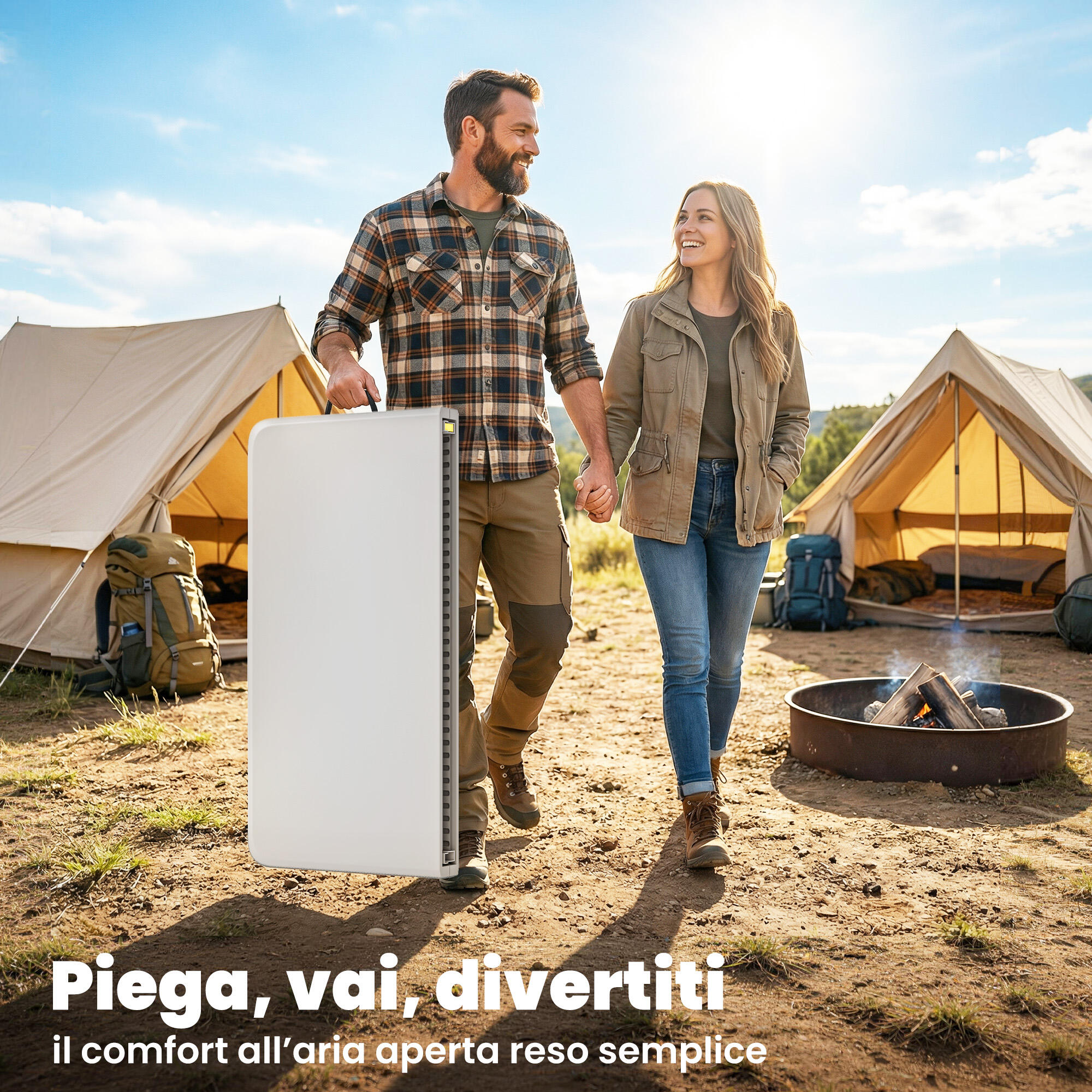 Outsunny Tavolo da Campeggio Pieghevole in Metallo e HDPE 86x86x74cm Bianco 5/7