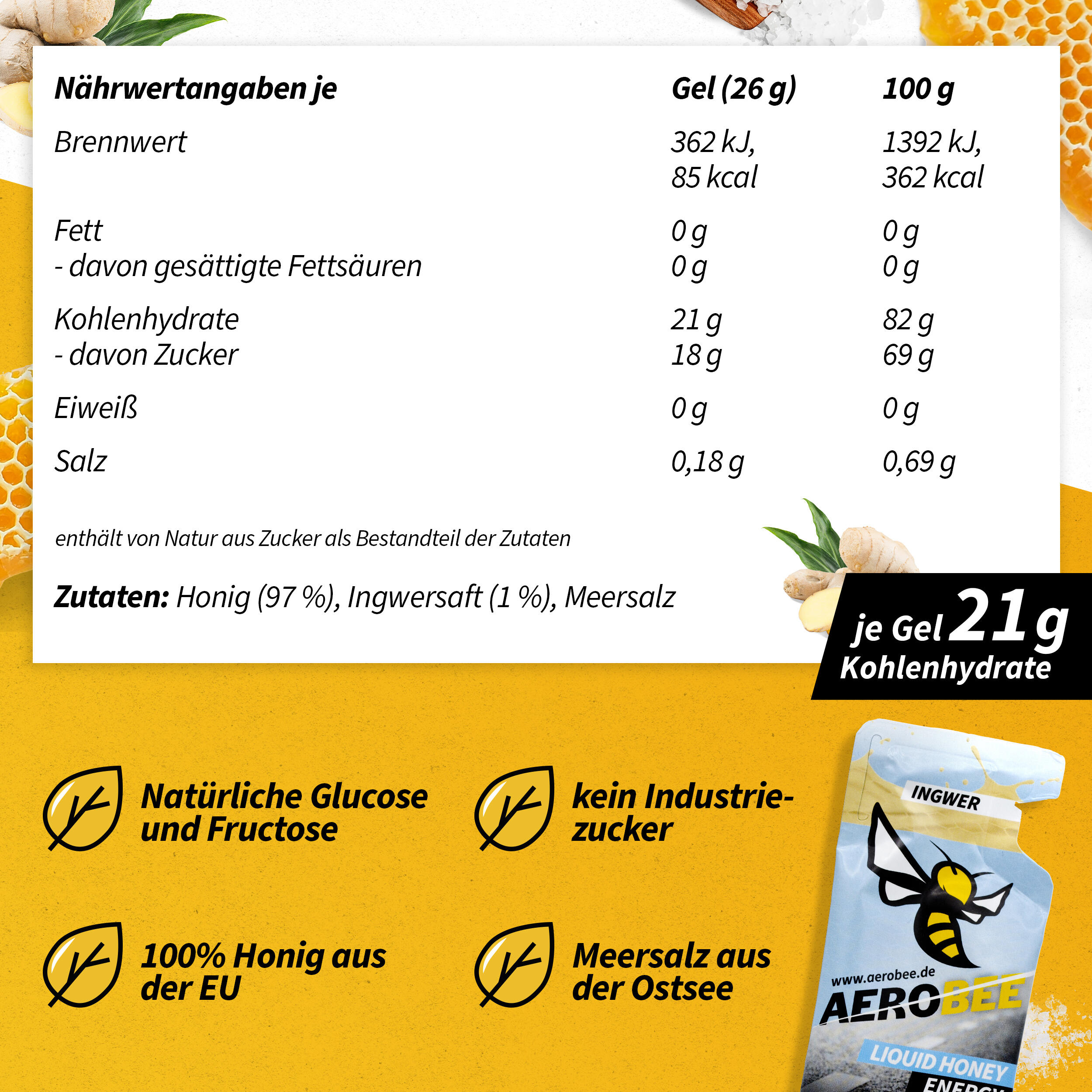 10er Pack AEROBEE Ingwer LIQUID Energy Gel 5/7