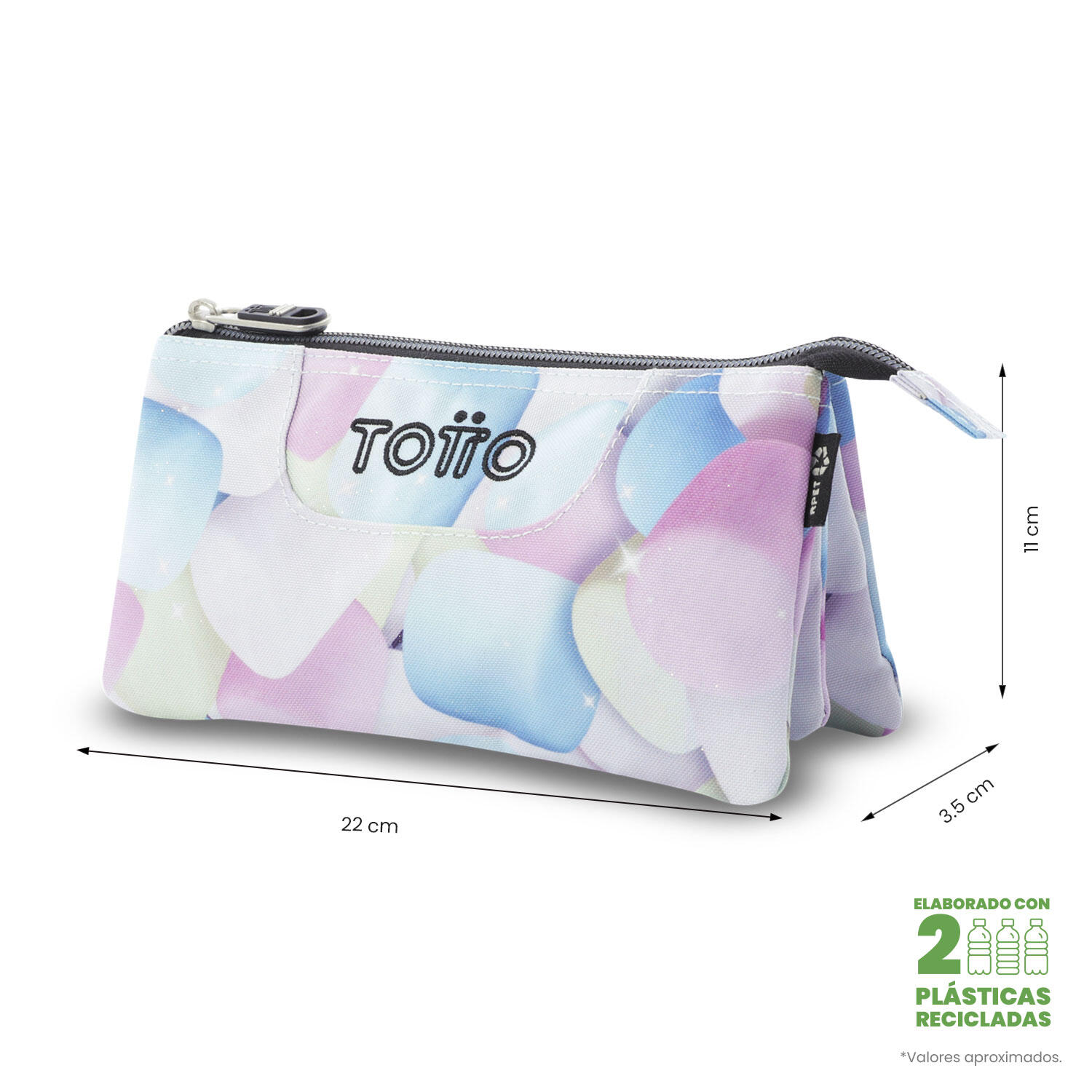Totto Estuche escolar Tablero Glitter Corazones pastel Poliéster reciclado 22 x 2/4