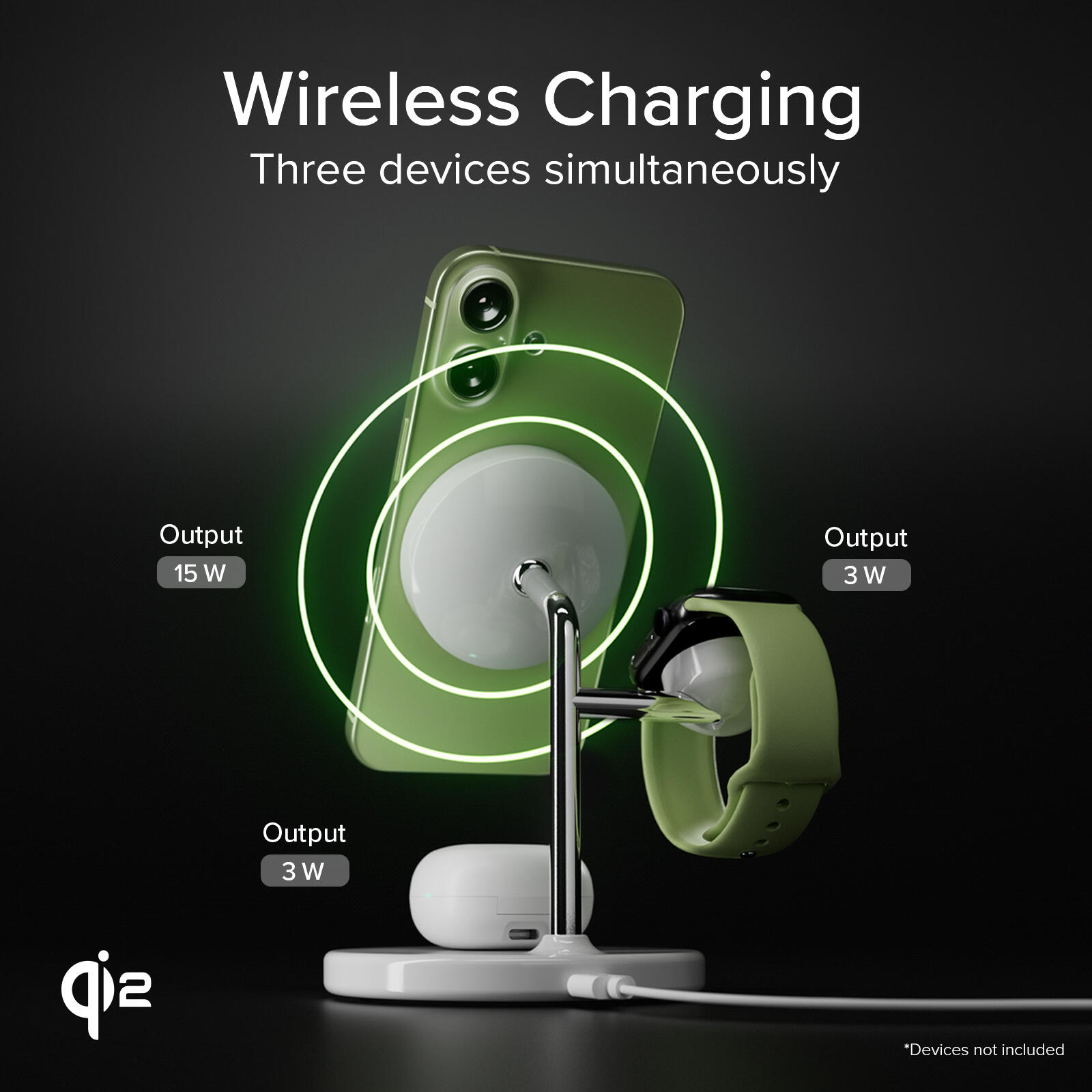 Station de recharge Qi2 3‑en‑1 pour iPhone/Android/Watch 6/7