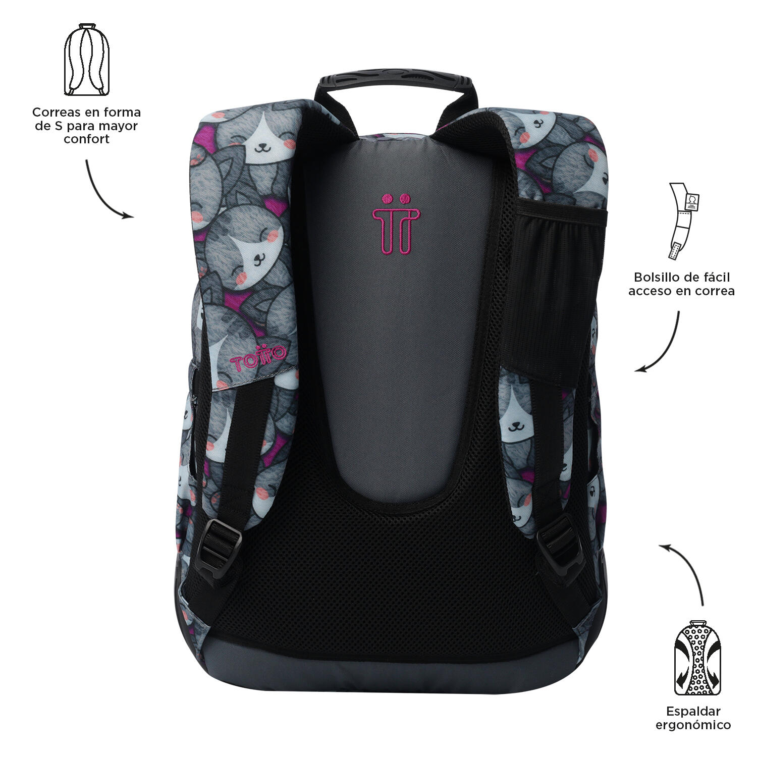 Totto Mochila escolar Rayol Kitten Rose Poliéster reciclado 33 x 44 x 13.5 cm 3/5
