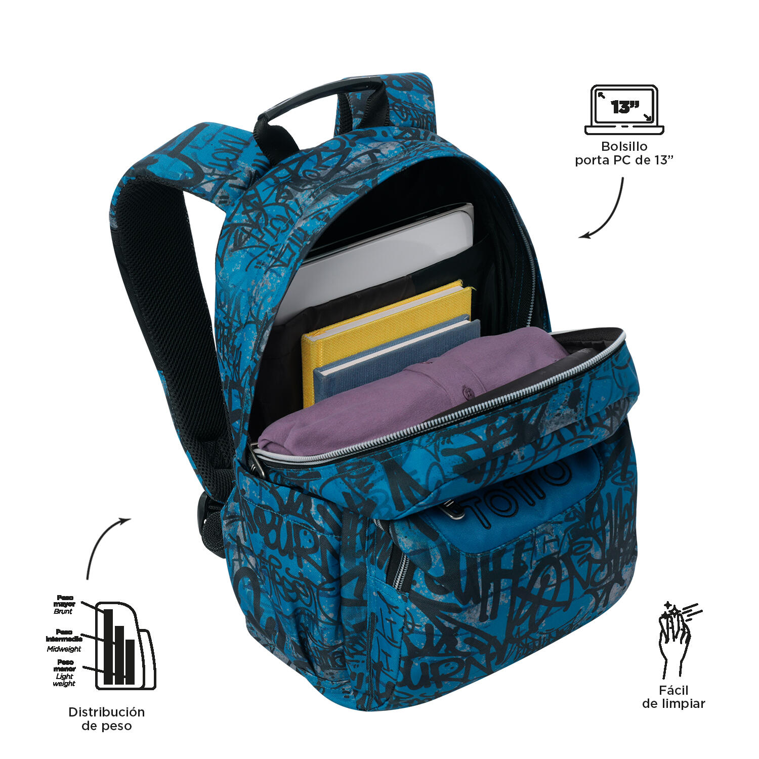 Totto Mochila escolar Gommas Urban Graph Poliéster reciclado 29 x 39 x 14 cm 4/5