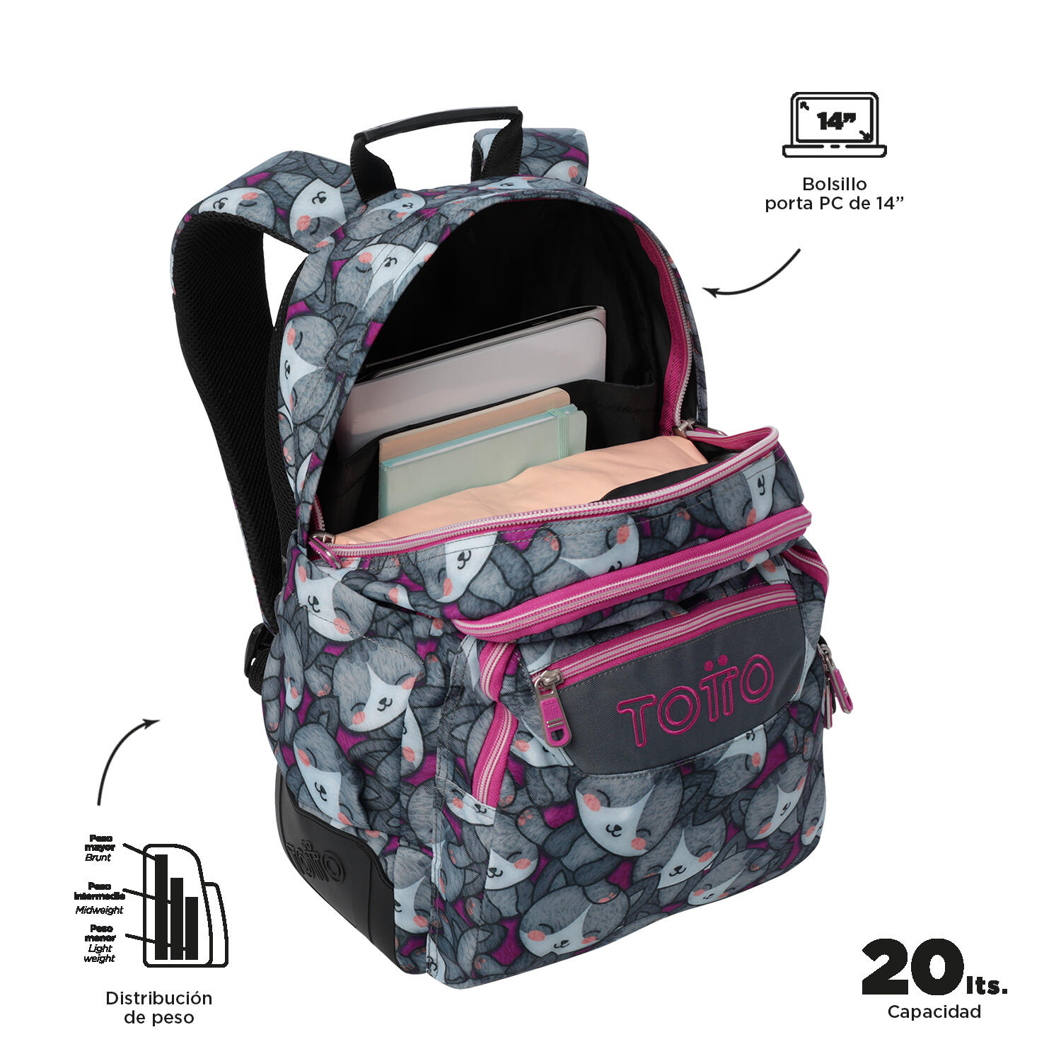 Totto Mochila escolar Rayol Kitten Rose Poliéster reciclado 33 x 44 x 13.5 cm 4/5