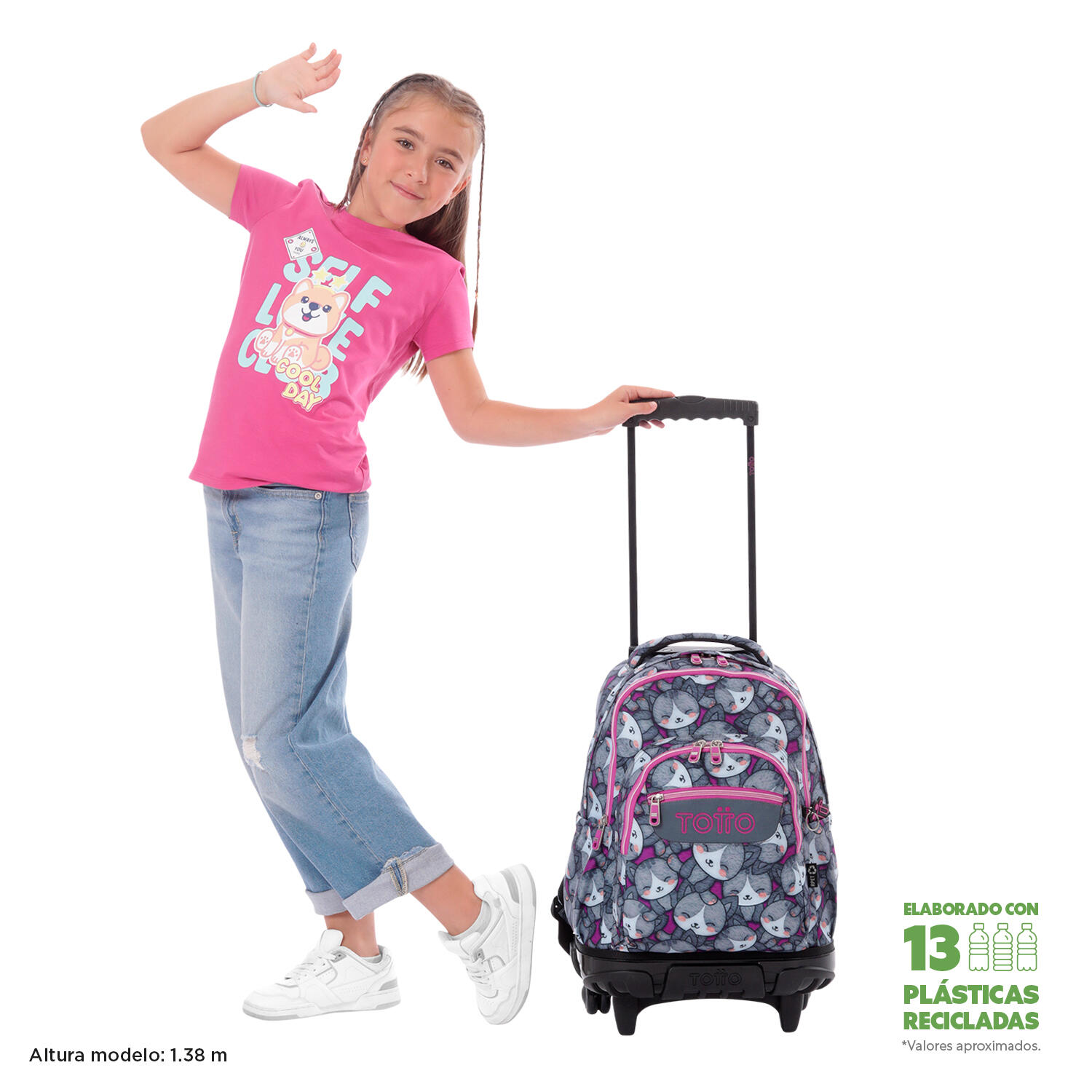 Totto Mochila escolar ruedas Renglones Kitten Rose Poliéster reciclado 32 x 45. 2/5