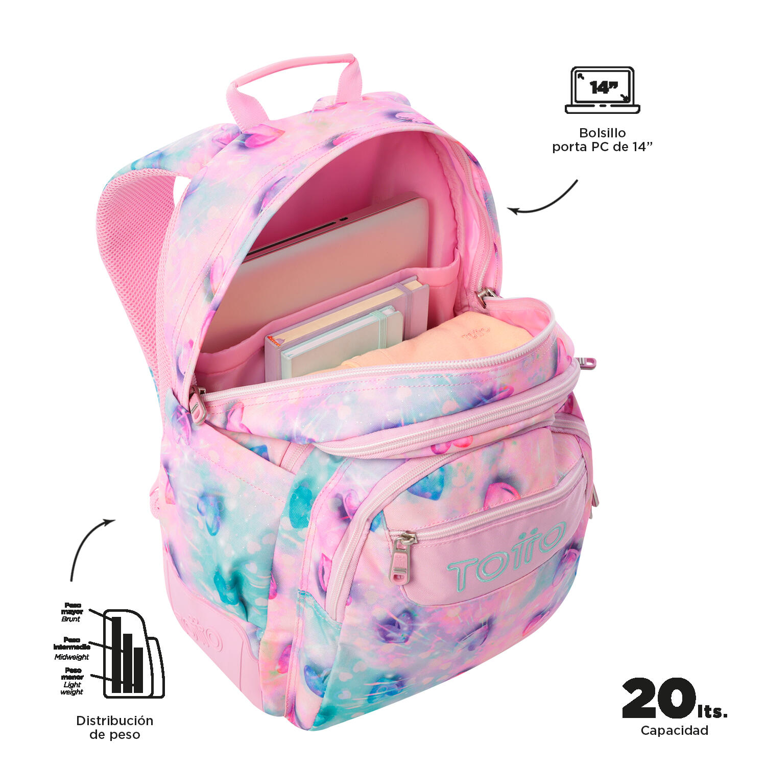 Totto Mochila escolar Rayol Shiny Heart Poliéster reciclado 33 x 44 x 13.5 cm 4/5