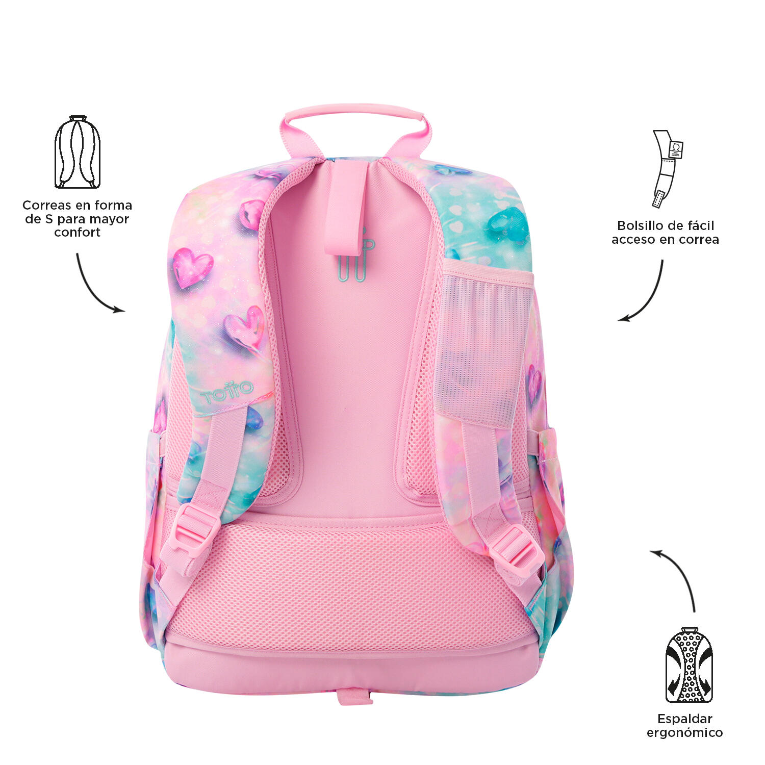 Totto Mochila escolar Acuareles Shiny Heart Poliéster reciclado 33 x 44 x 14 cm 3/5